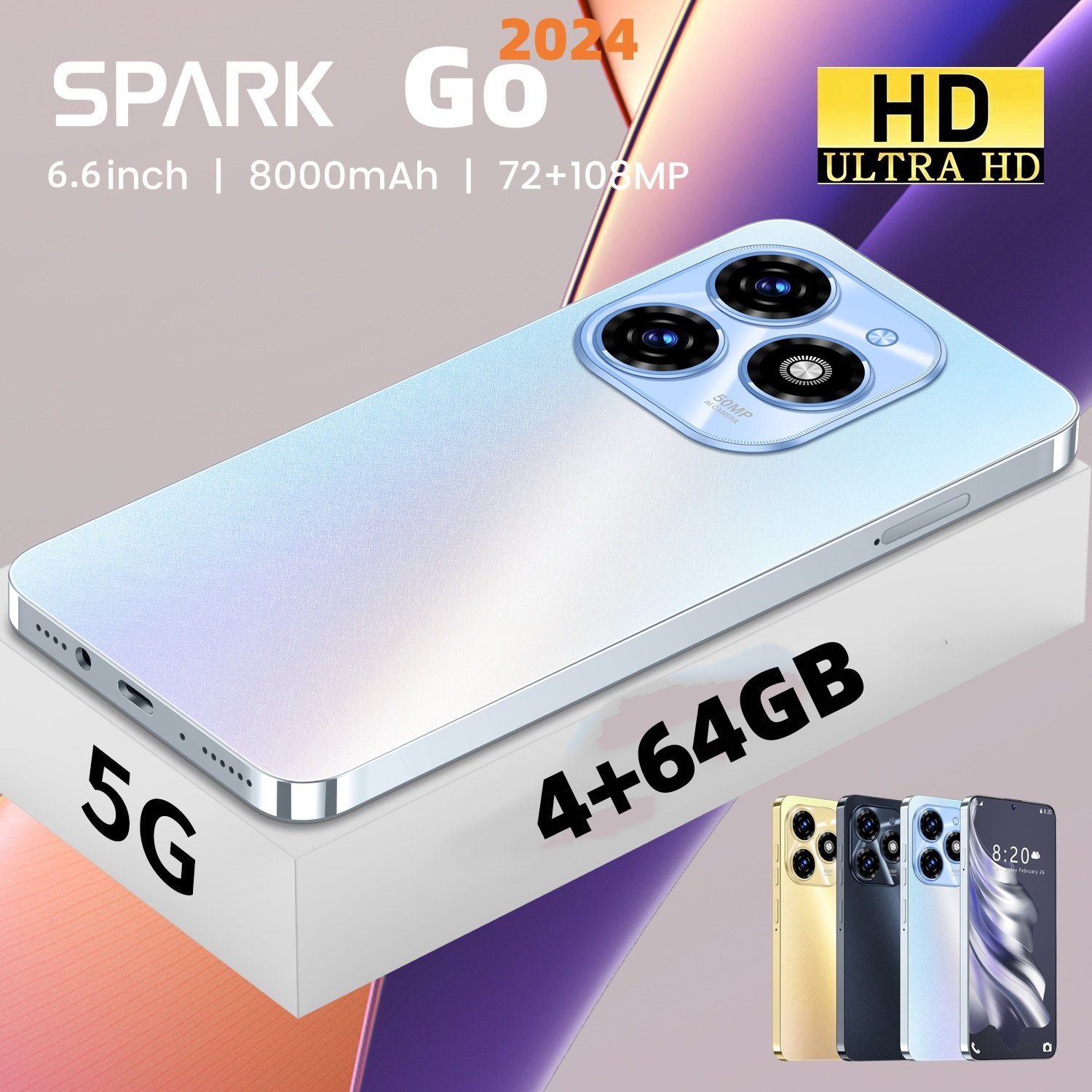 5G Mobile Phone 2024 Spark Go 4+64GB android14.0 6.6-inch 3 cameras 5G Smartphones
