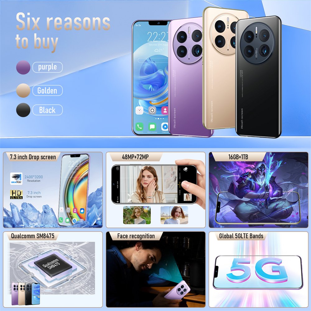 Mater 60 pro Phone Global 5G phone Curved screen 7.3 inch drop screen 16+1TB Full screen Cellphones Phone 5g Smartphone