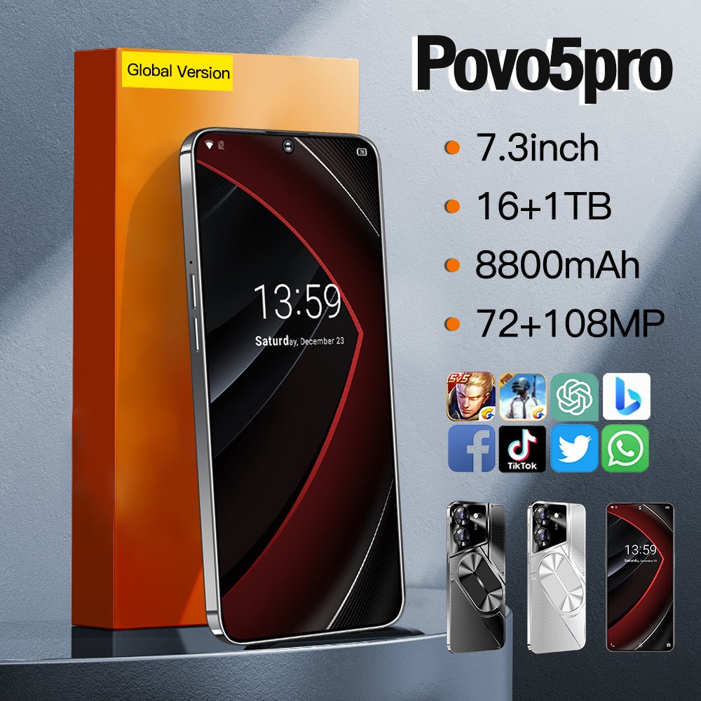 original 5G Smartphone 7.3inch 108mp Povo 5 Pro 16GB+1TB Android 13.0 Mobilephones Fashionable Color 4g 5g cellphone
