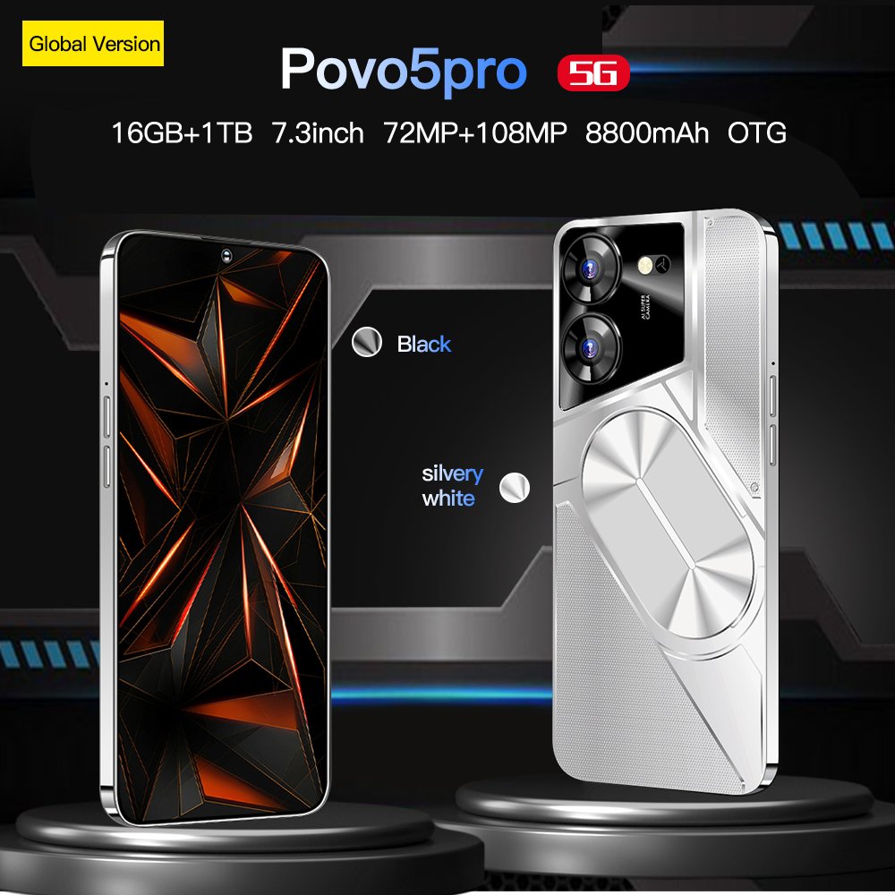 original 5G Smartphone 7.3inch 108mp Povo 5 Pro 16GB+1TB Android 13.0 Mobilephones Fashionable Color 4g 5g cellphone