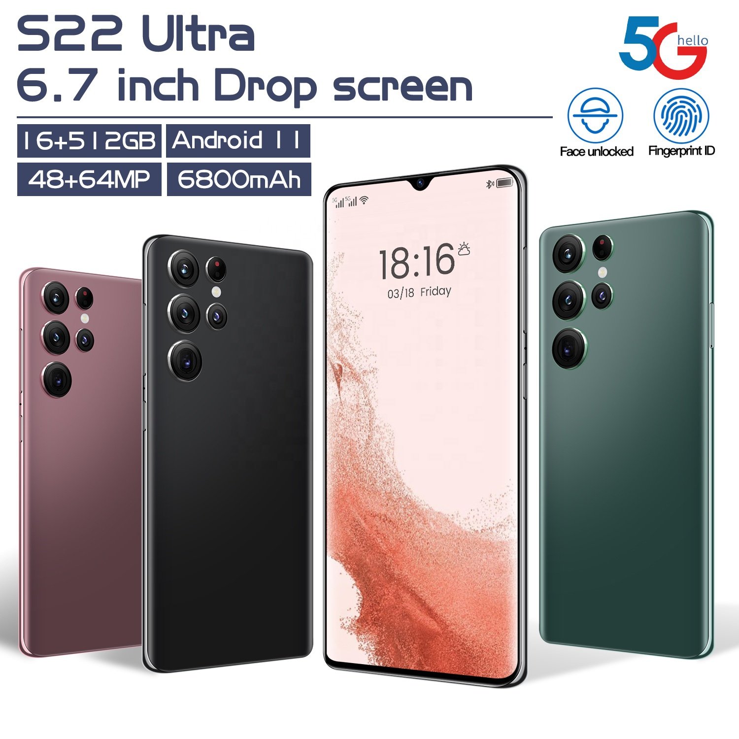 Brand new S22+ ultra 5G Android 12 unlocked cellphones 6.7 Inch mobile phones 16Gb + 1Tb 5G smartphone