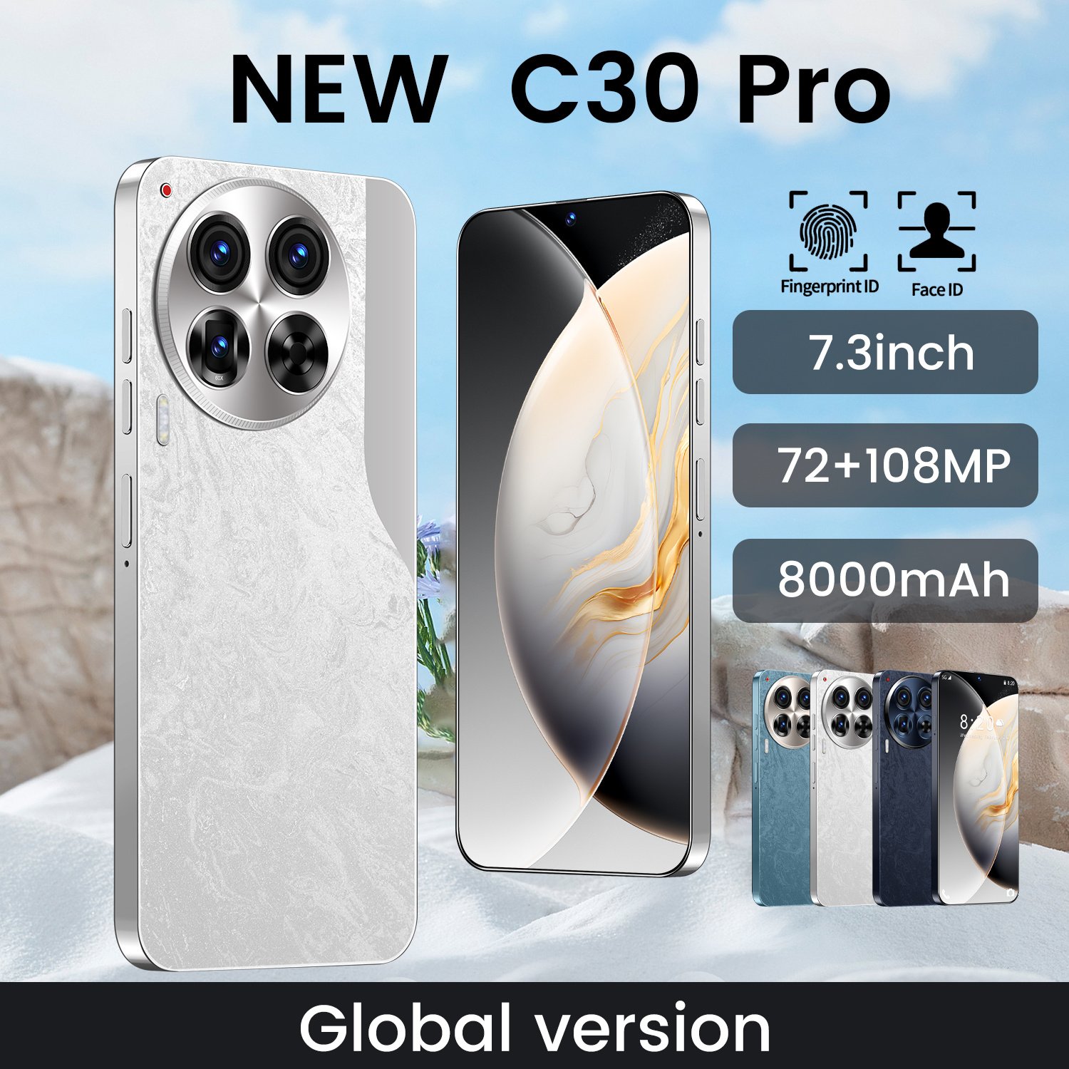 New 2024 mobile phone C30 Pro 16GB RAM + 1TB Storage 7.3 Full Display 10-Core Processor Dual SIM Android smartphone