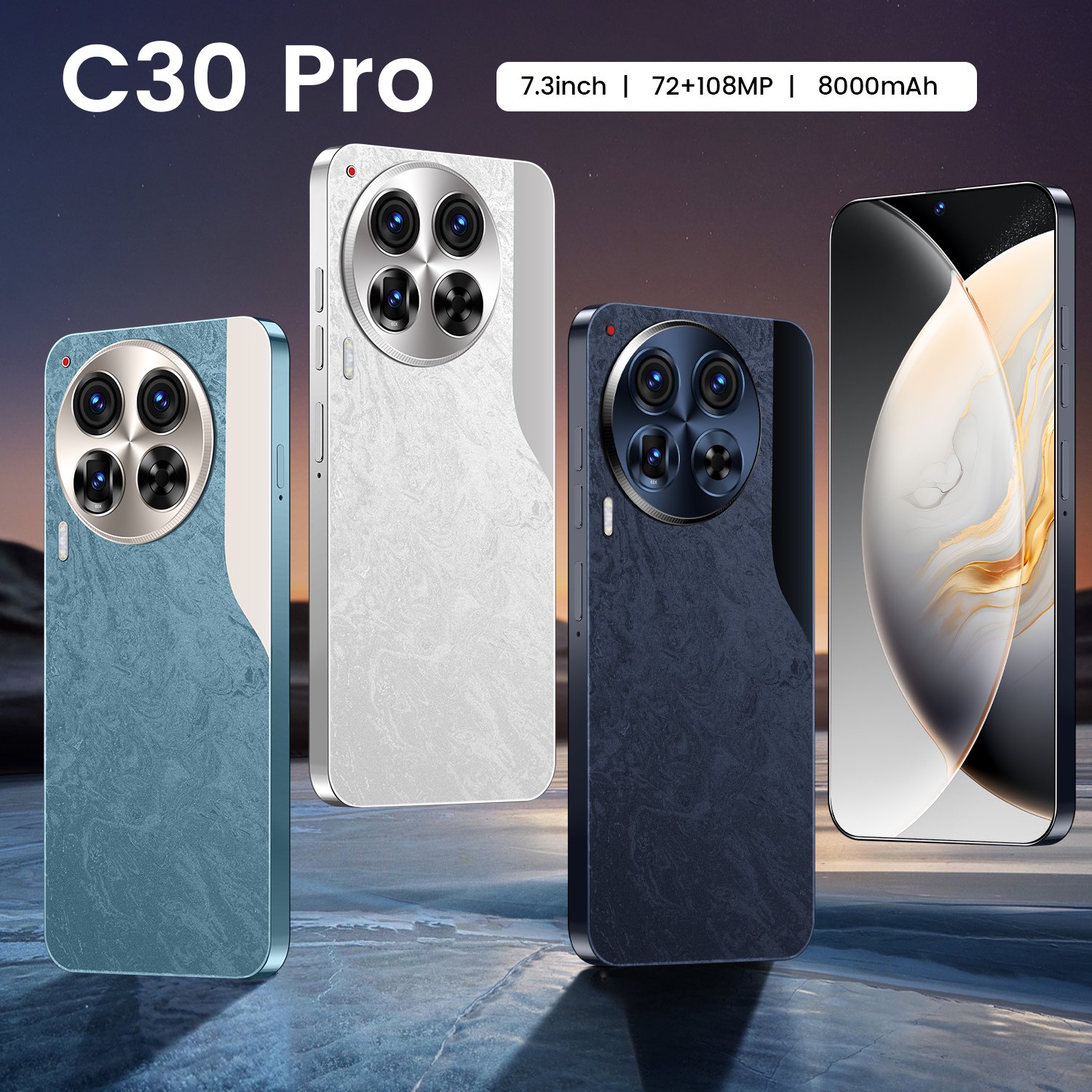 New 2024 mobile phone C30 Pro 16GB RAM + 1TB Storage 7.3 Full Display 10-Core Processor Dual SIM Android smartphone