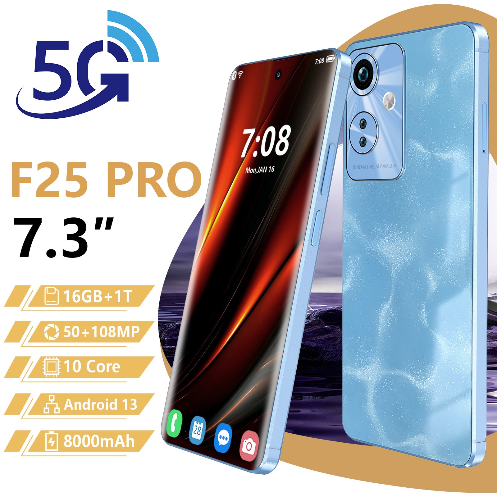 2024 New Original phones F25pro 5G Smartphones 16GB+1TB 5G Dual SIM Cellphone 7.3 inches Unlock Mobile Phone