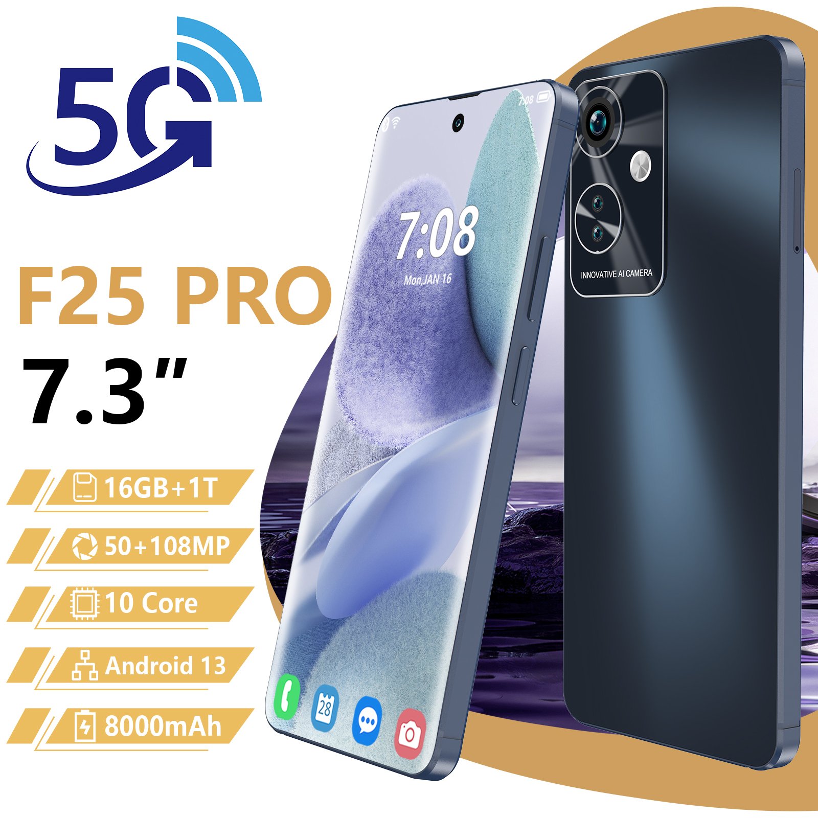 2024 New Original phones F25pro 5G Smartphones 16GB+1TB 5G Dual SIM Cellphone 7.3 inches Unlock Mobile Phone
