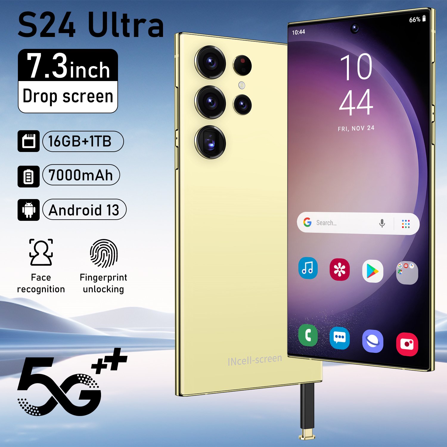 2024 S24 New Model Gaming 5G-smartphones with Ultra-Slim Straight Screen and Dual SIM Dual Standby