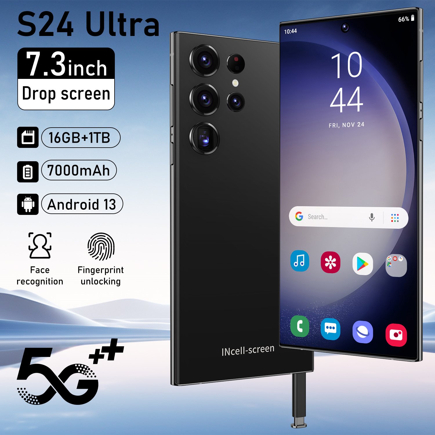 2024 S24 New Model Gaming 5G-smartphones with Ultra-Slim Straight Screen and Dual SIM Dual Standby