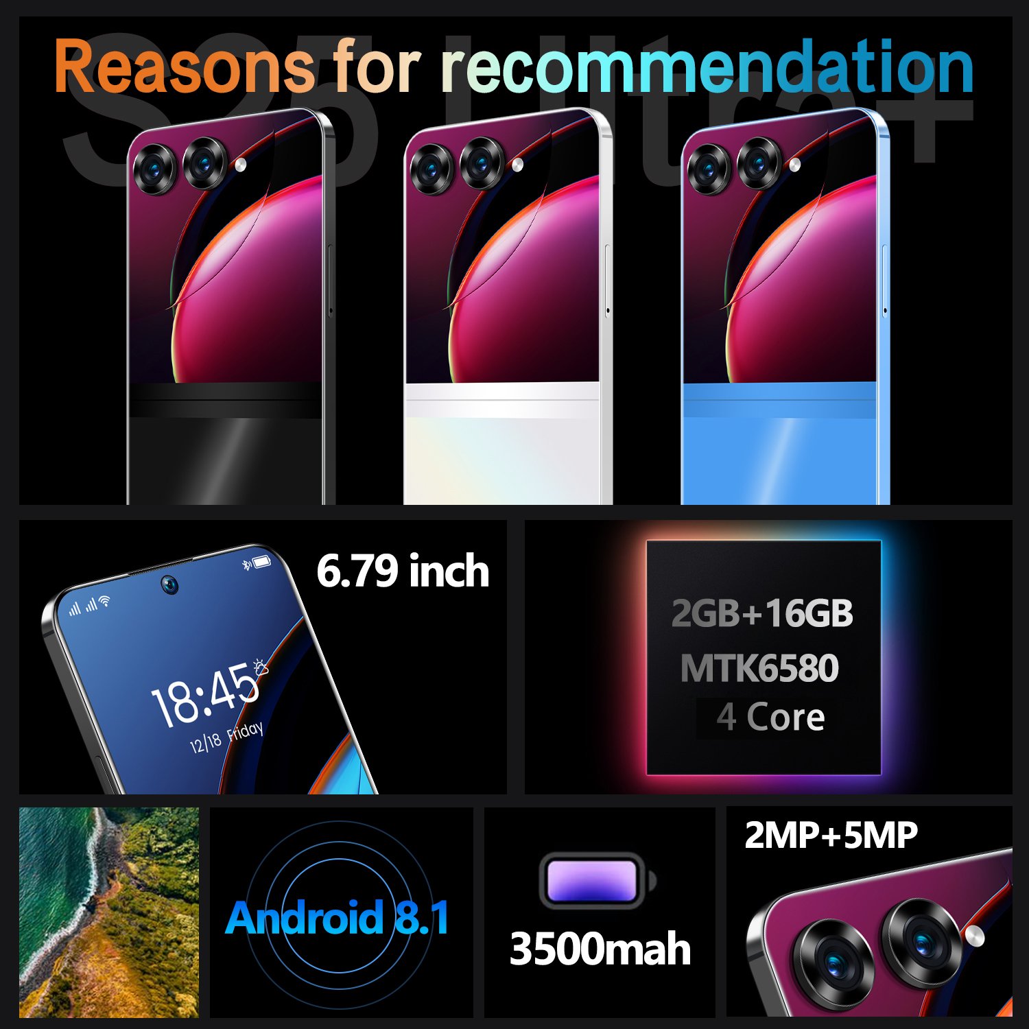S25 Ultra 6.8Inch Android 8.1 Smart Phone 4G Call Dual SIM Smartphones 2GB+16GB For S25 Ultra Mobile Phone