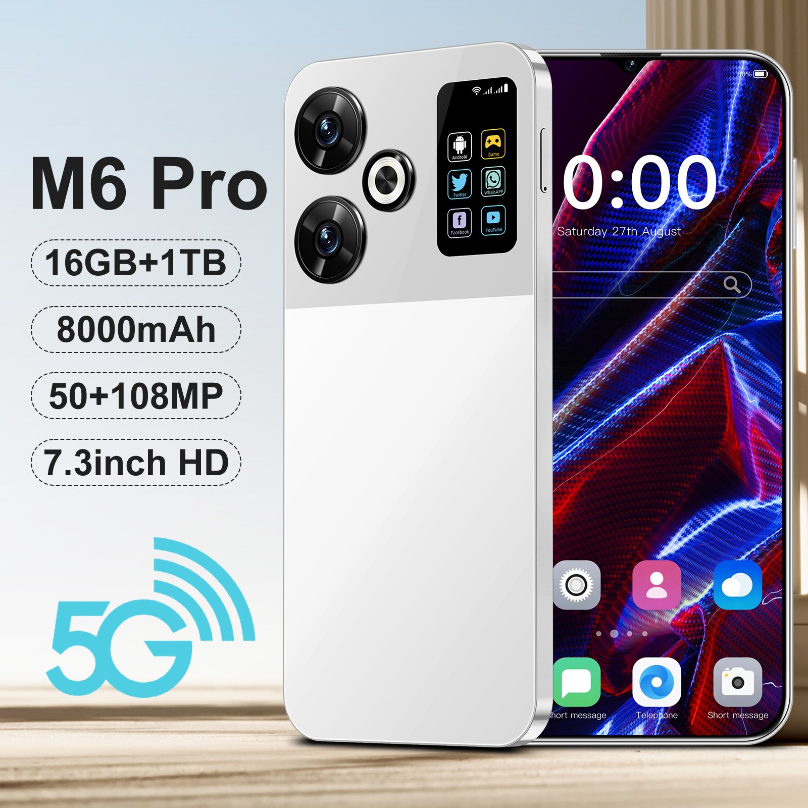 M6 Wholesale Global 5G Android Phones with Dual SIM 16GB RAM 1TB Storage and Face & Fingerprint Security