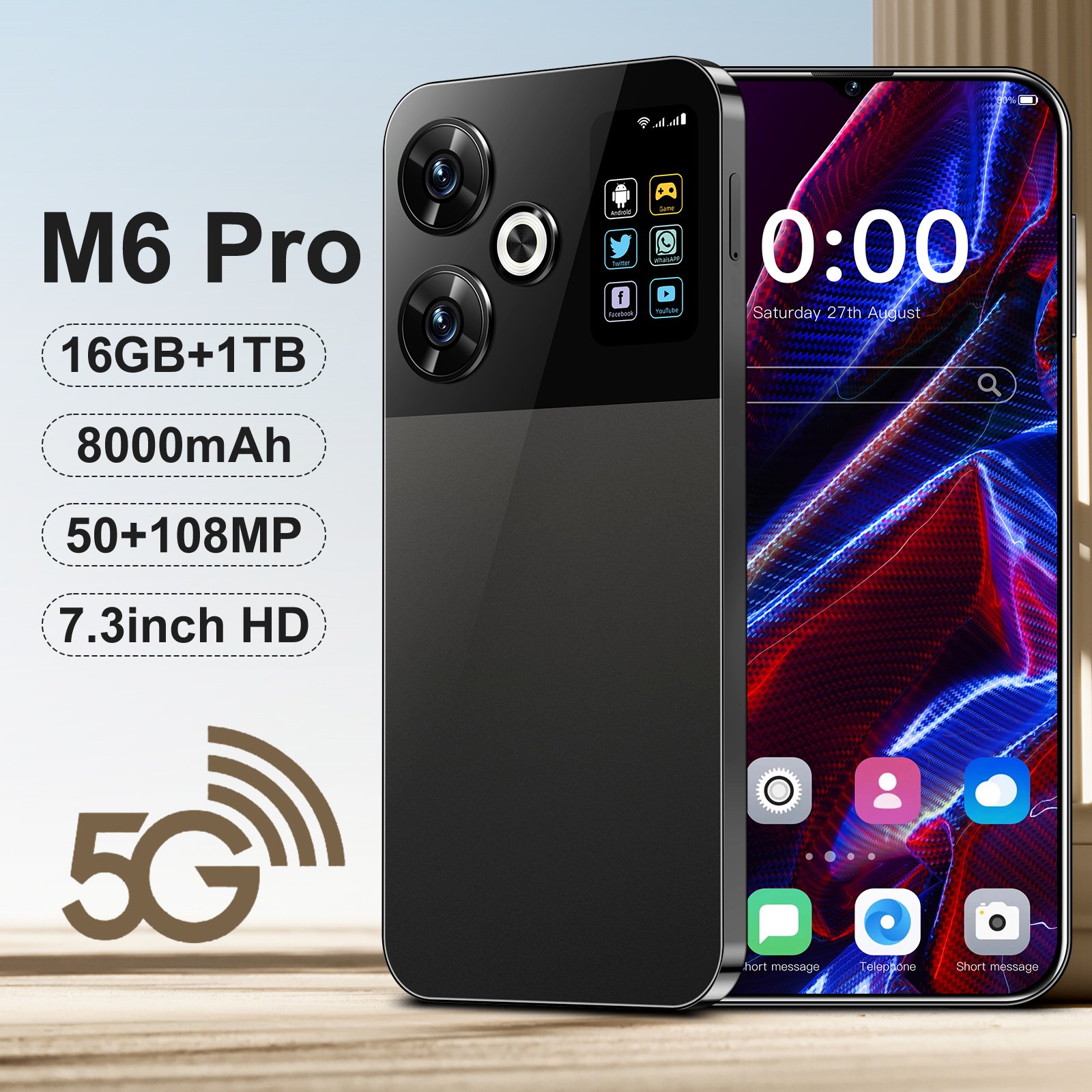 M6 Wholesale Global 5G Android Phones with Dual SIM 16GB RAM 1TB Storage and Face & Fingerprint Security
