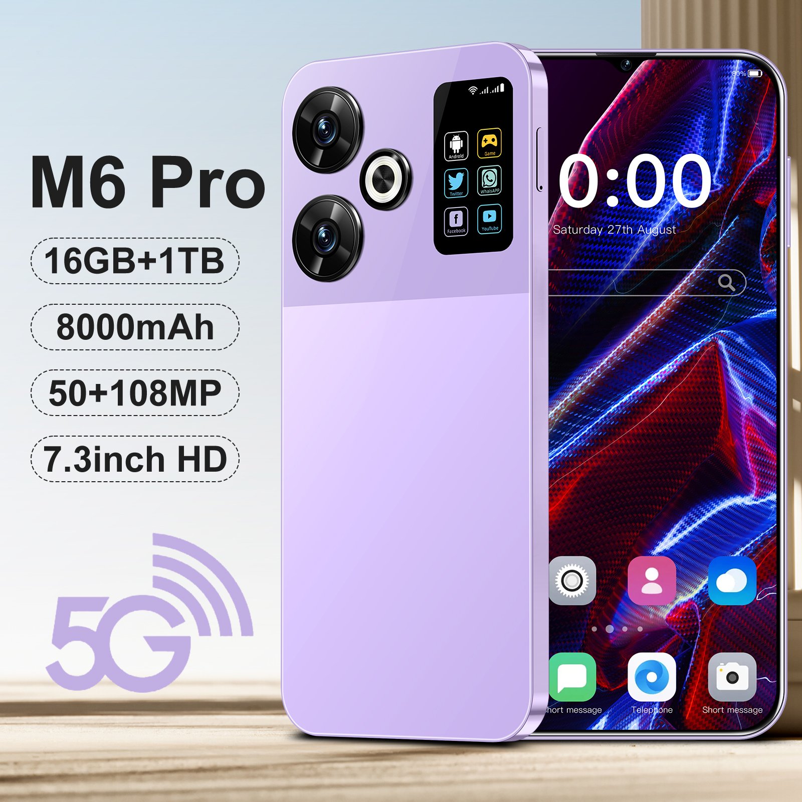 M6 Wholesale Global 5G Android Phones with Dual SIM 16GB RAM 1TB Storage and Face & Fingerprint Security