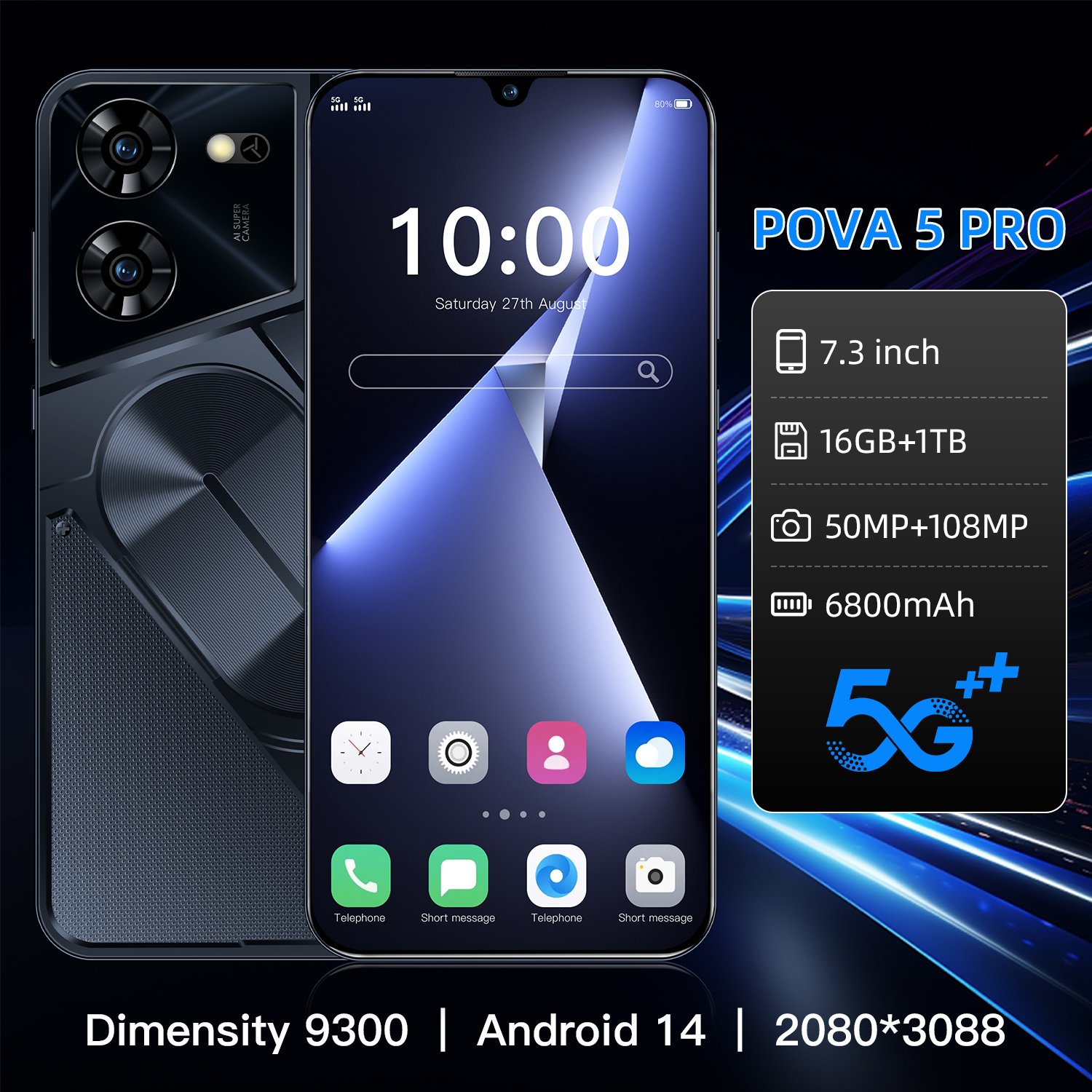New Style Pova 6 pro 16GB+1TB 108MP HD Camera 7.3 Inch 10 Core 5G Smartphone Double Sim Card Android 13 CellPhone