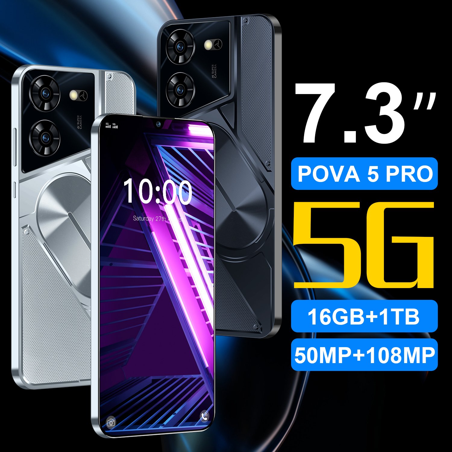 New Style Pova 6 pro 16GB+1TB 108MP HD Camera 7.3 Inch 10 Core 5G Smartphone Double Sim Card Android 13 CellPhone