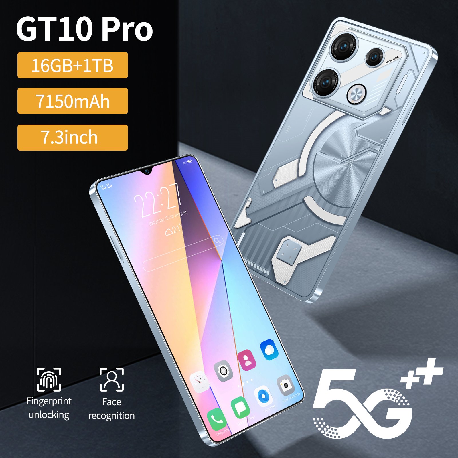 New Arrival Smartphone GT10 6.8 Inch Full Screen 16+1T Android Mobile Phones Face ID Unlocked Cell Phone
