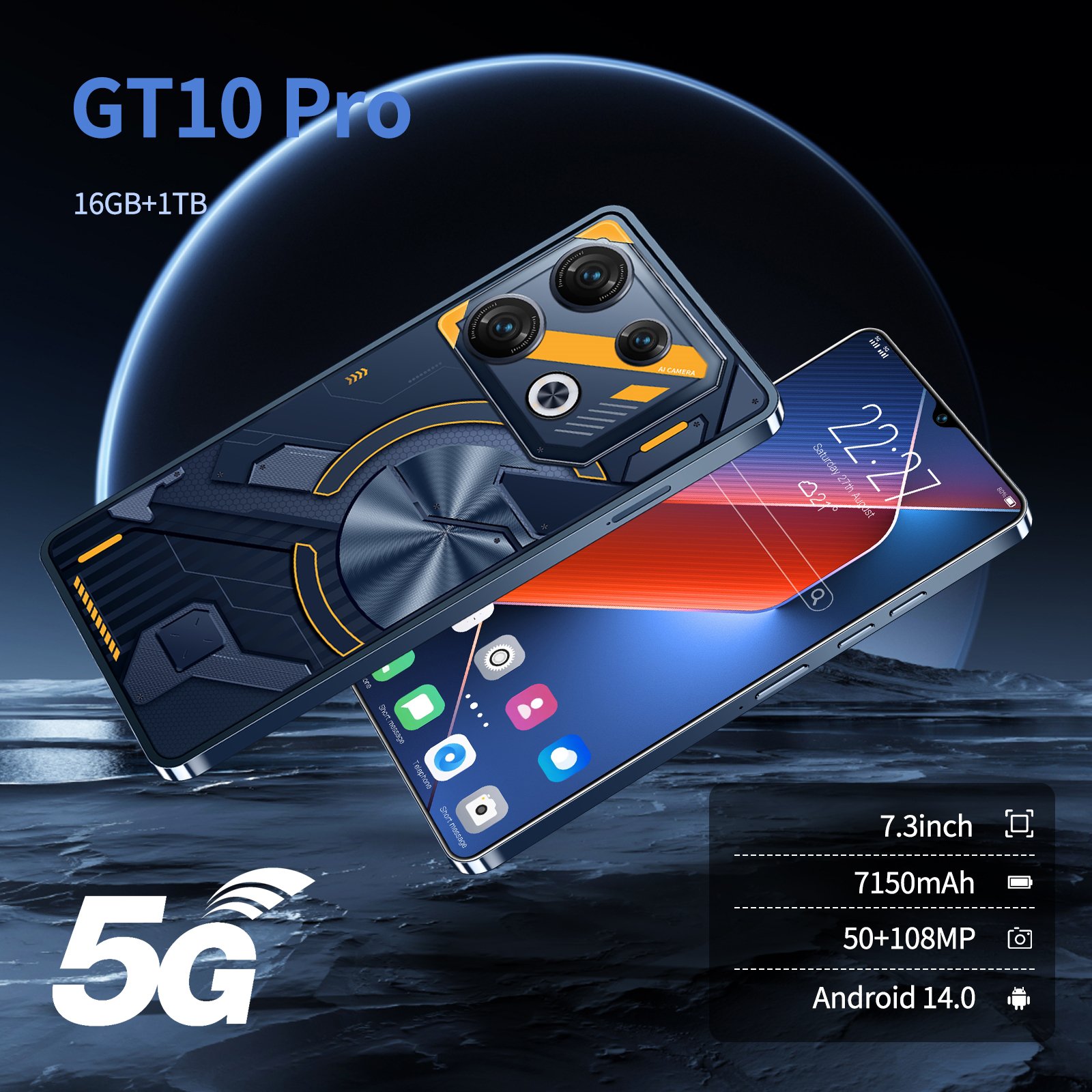 New Arrival Smartphone GT10 6.8 Inch Full Screen 16+1T Android Mobile Phones Face ID Unlocked Cell Phone