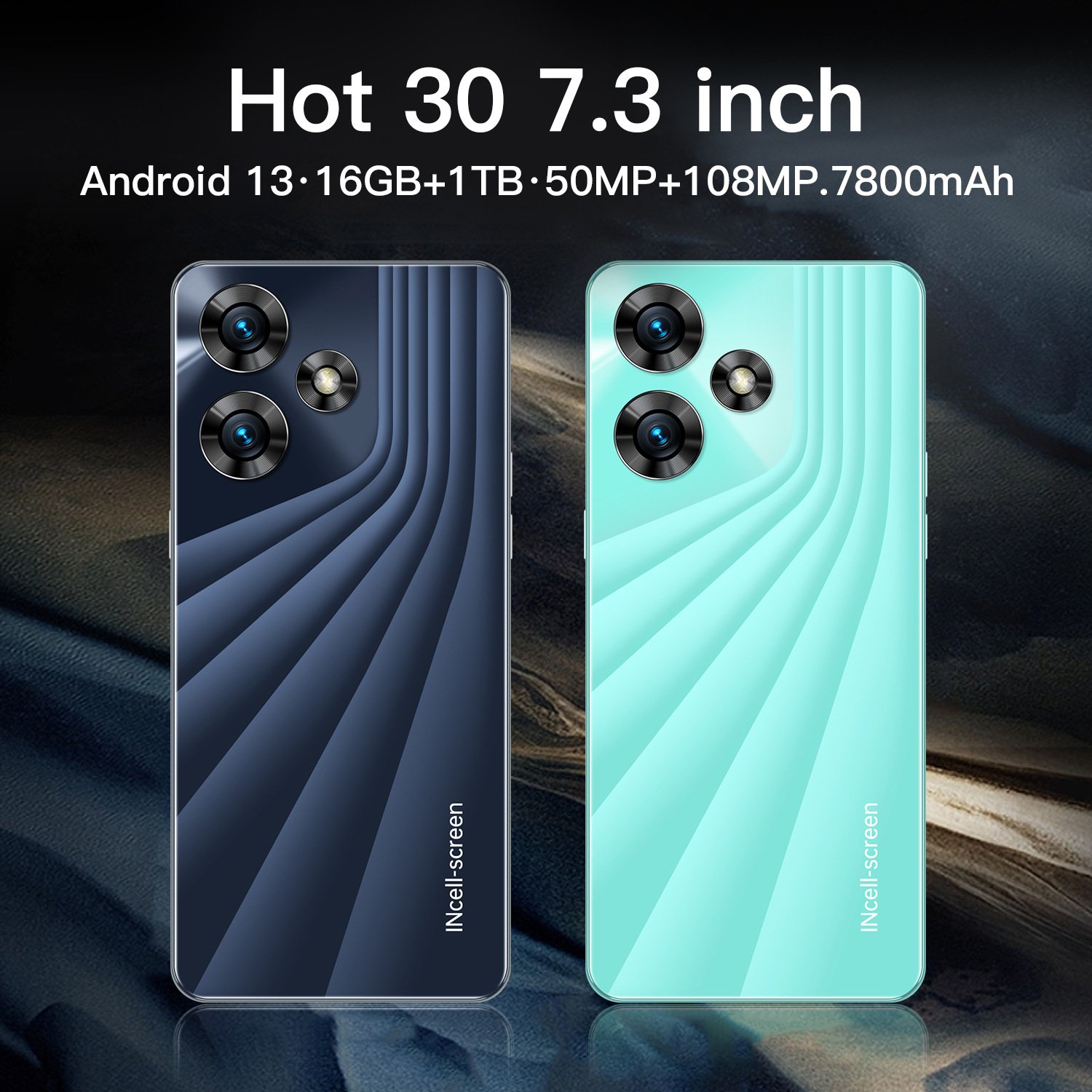 Hot30 4G Android Smartphone 3+64G Storage Real Fingerprint Unlock 7.3 Inch HD LED 108MP New Cross-Border Large Phone English