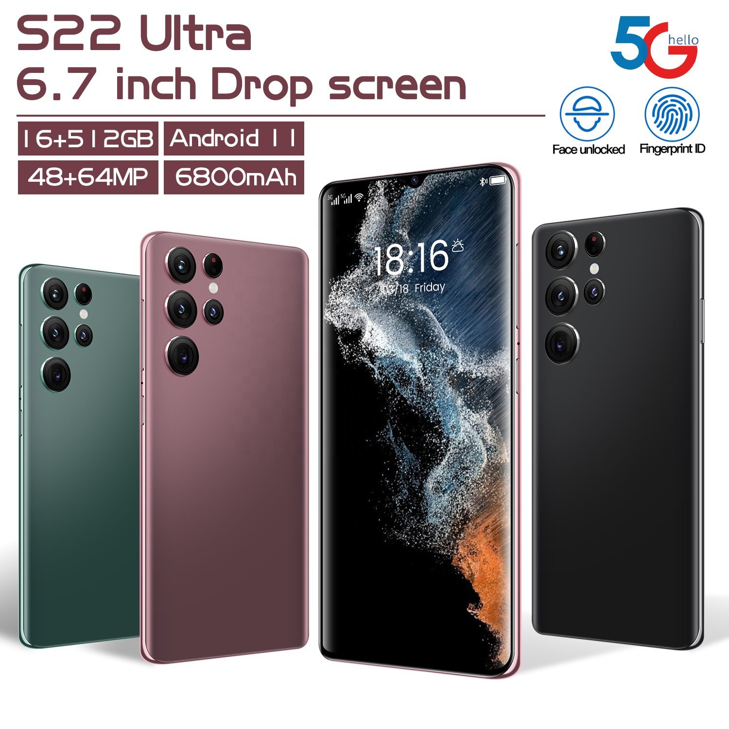 5g Smartphone S22 Ultra Cell Phone 6.7 Inch Full Screen 16gb+512gb Android Mobile Phones With Face Id Original Unlocked
