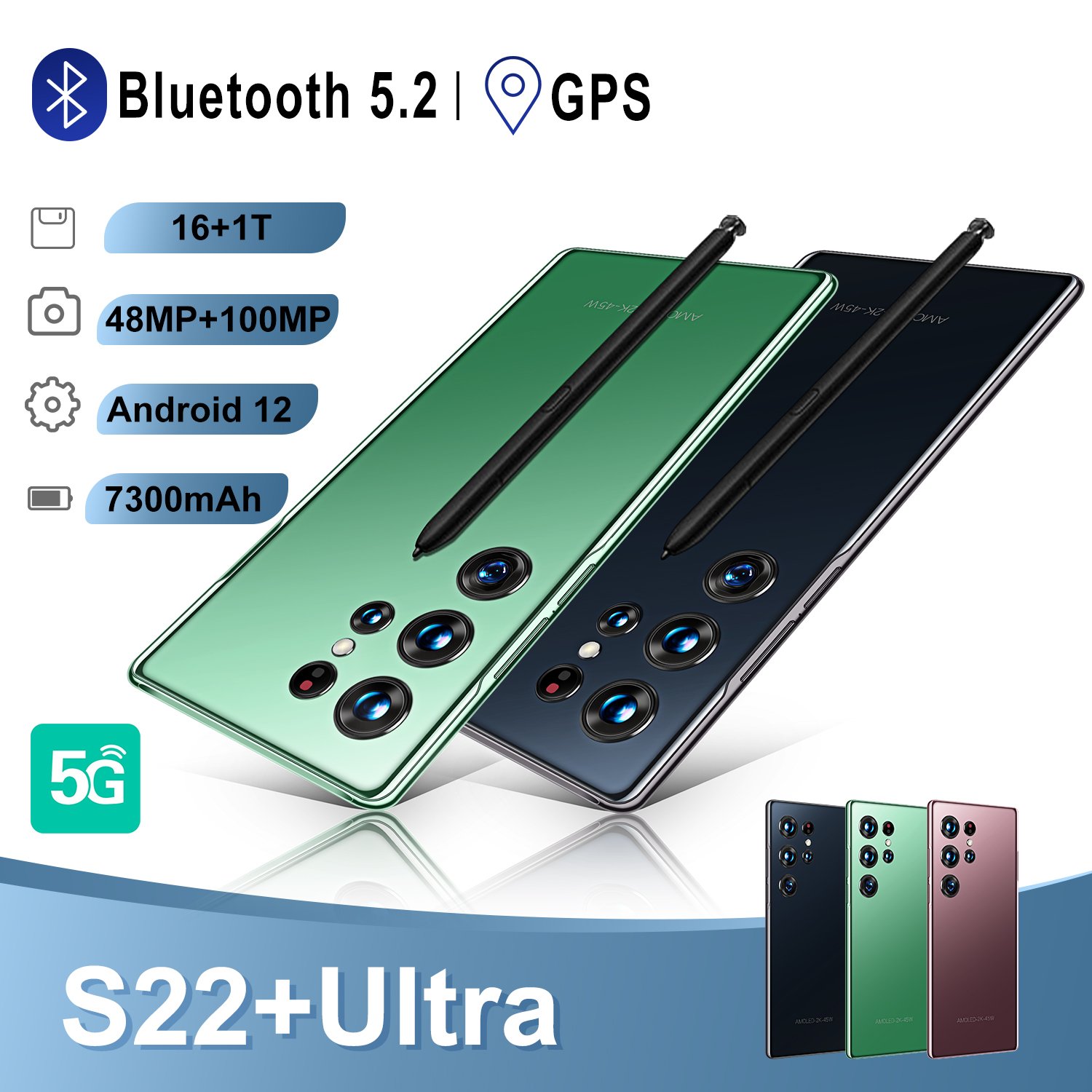 New S22 Ultra Phone Global Version 7.3 Inch Smartphone 16gb+1tb Android Cellphones Original Unlocked 5g Mobile Phones