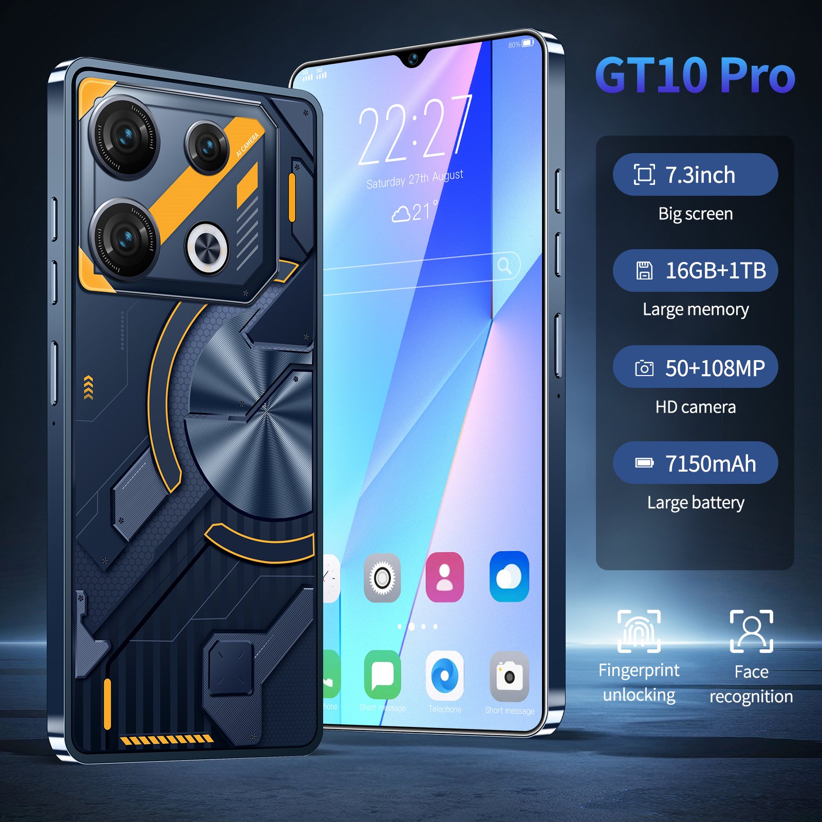 Global Version GT10 Pro 7.3 Full Display Android 5G-Smartphone with 16GB RAM 1TB Storage cheap GT10 Pro cellphones smart phone