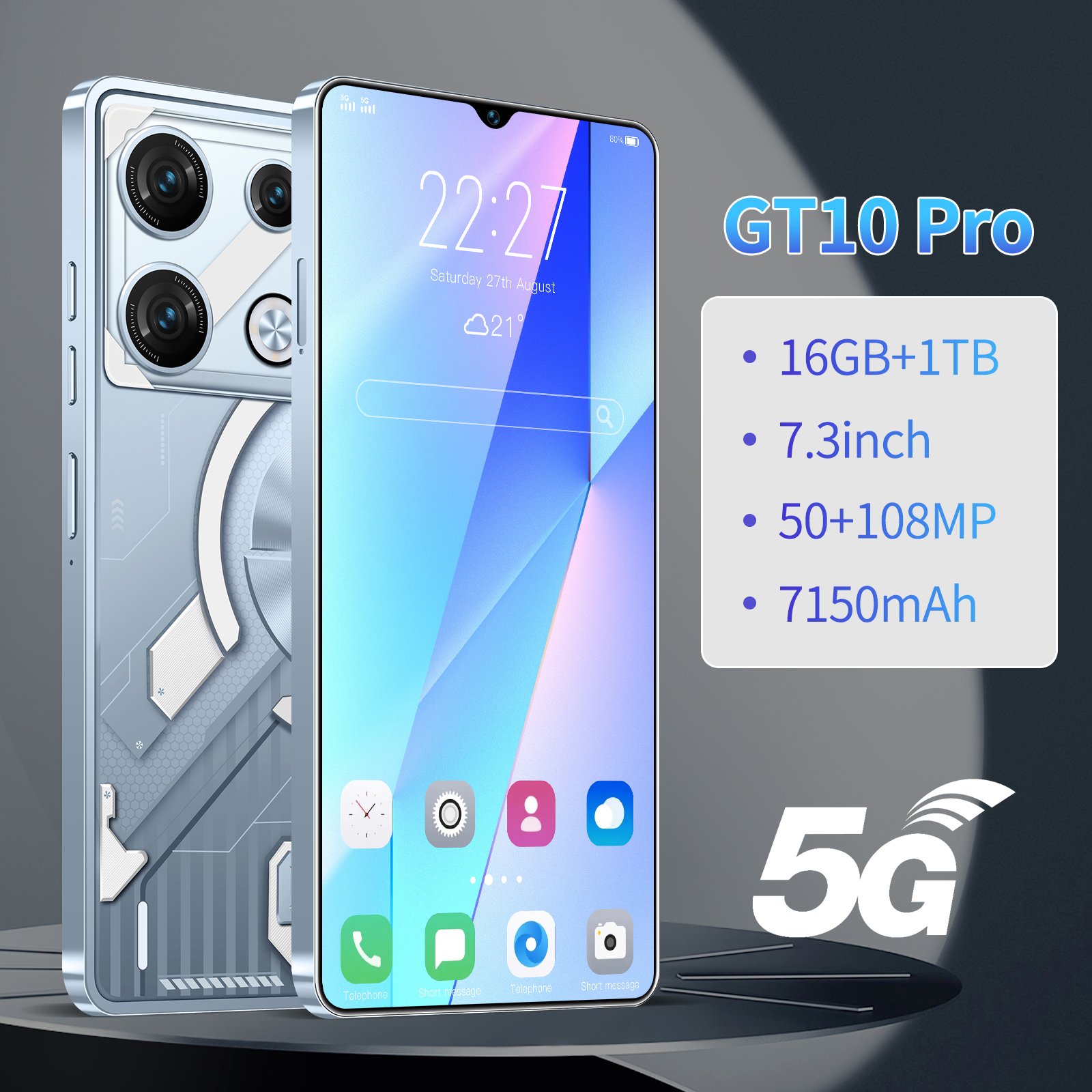 Global Version GT10 Pro 7.3 Full Display Android 5G-Smartphone with 16GB RAM 1TB Storage cheap GT10 Pro cellphones smart phone