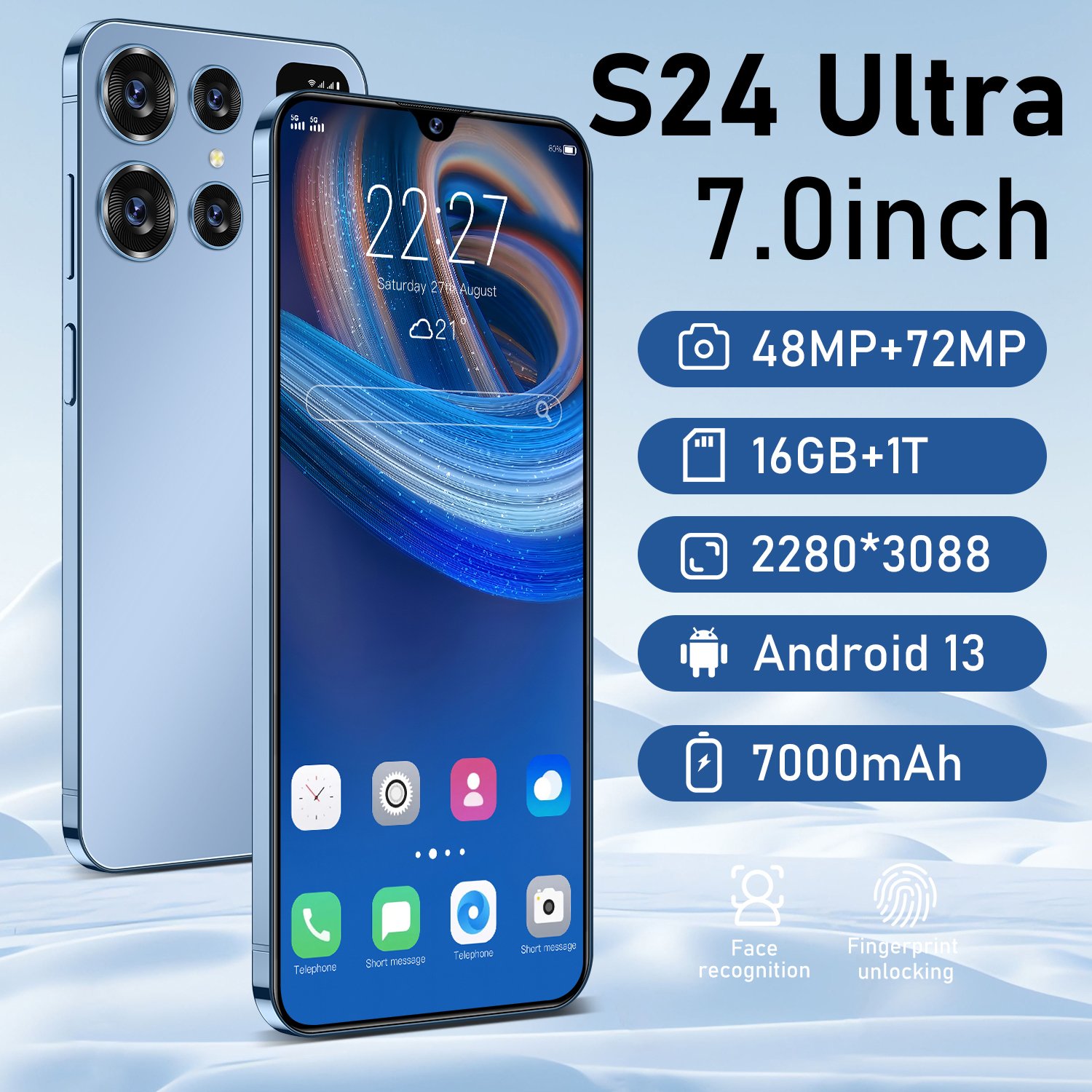 Hot Selling 5G Smarephone s24 Ultra original 7.0 inch 16GB+1TB 108MP Face Recognition Smartphone Cell Mobile Phone