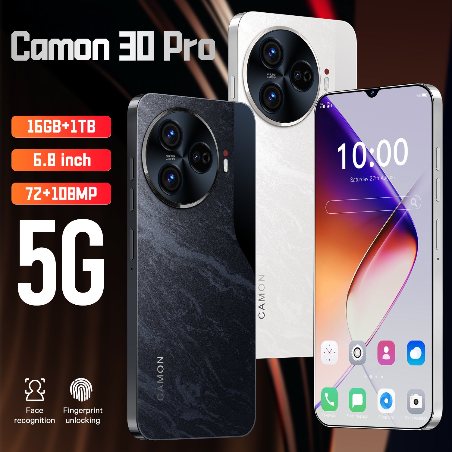 Global wholesale Camon 30 Pro Phone 5G-smartphones with 16GB+1TB storage supporting face recognition and fingerprint unlocking