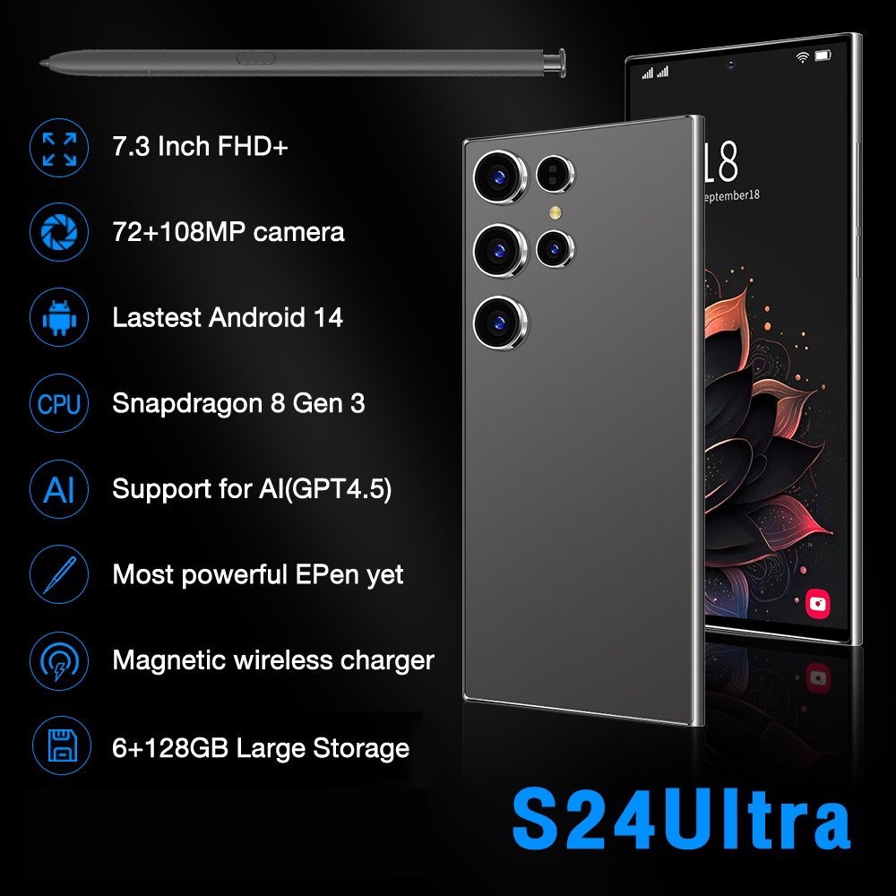 S24Ultra Unlocked Phone, 7.3" HD Screen Cell Phone, Android 14 6+128GB with 128GB Memory Card Smartphone,Face ID/5G/4G/3G/GPS