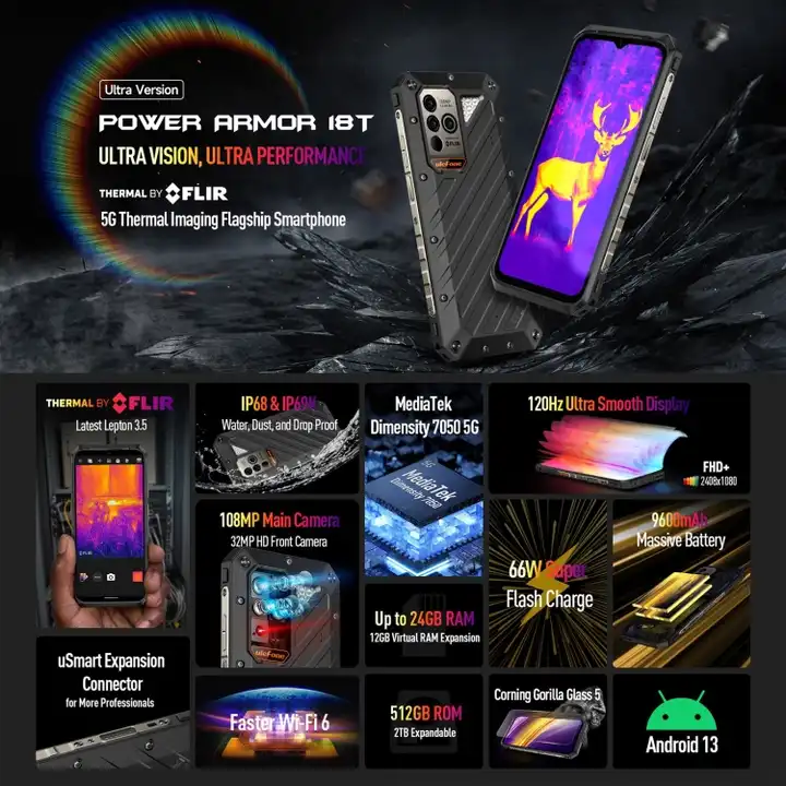 Wifi 6 Android 5G Smartphone Ulefone Power Armor 18T Ultra Mobile Phone Wholesale 66W Fast Charging 9600mAh 512GB Original Phone