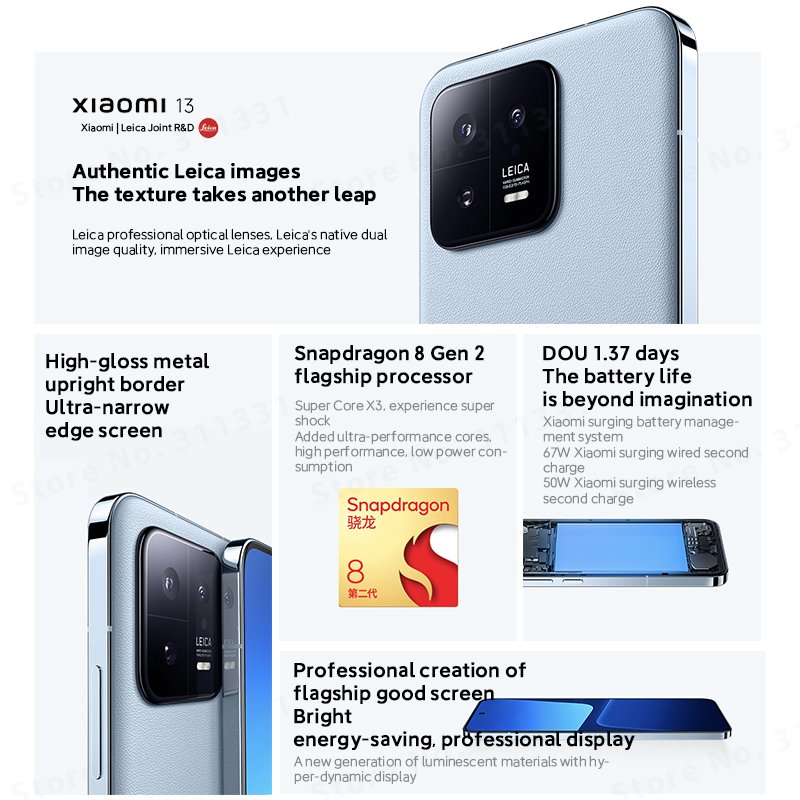 Global ROM Xiao mi 13 12GB 256GB 512GB 8 Gen 2 IP68 67W HyperCharger 4500mAh 120Hz OLED 54MP Triple Camera NFC 5G Smartphone