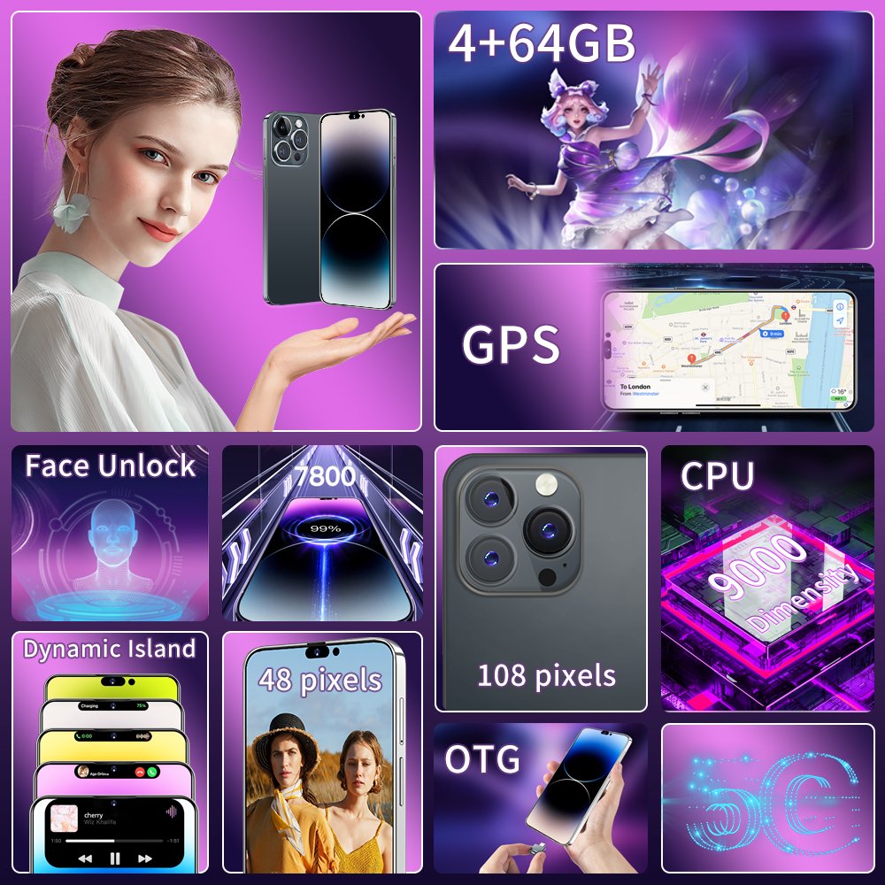 New 5G Smartphone Phone 15 Pro Max Smart Phone 4GB+64GB 6.7 Inch 48MP+108MP Cellphone Cheap Telephone Telefon Inteligente
