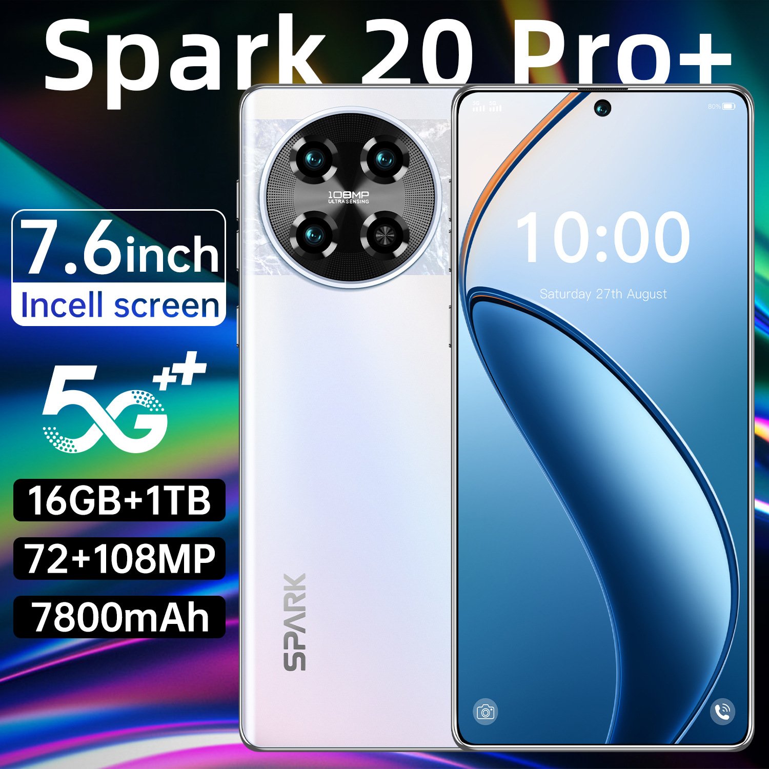 New Transmitting Spark 20 Pro MAX 2024 7.6 Inch 10-Core 5G LTE Smartphone Dual Sim Card Large 16GB + 1TB HD Battery English 5G Global