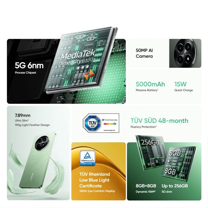 Global Version Realme 12X 5G Smartphone 6.67'' 120Hz Display 8GB 256GB Octa-Core 50MP Camera 5000mAh 15W FastCharge New Mobile