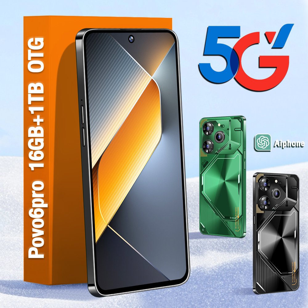 5G Smartphones Original Povo6pro 16GB+1TB 7.3Inch Mobile Phone Face ID 6800mAh Dual SIM Android 11 Cell Phone unlocked 4G
