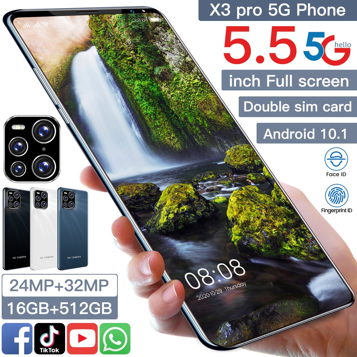 Global 5G LTE Bands Smart Mobile Phone 16+512GB 10Core Extreme Speed Smartphone 5600mAh Battery 32+24MP X3 Pro Smart Phone