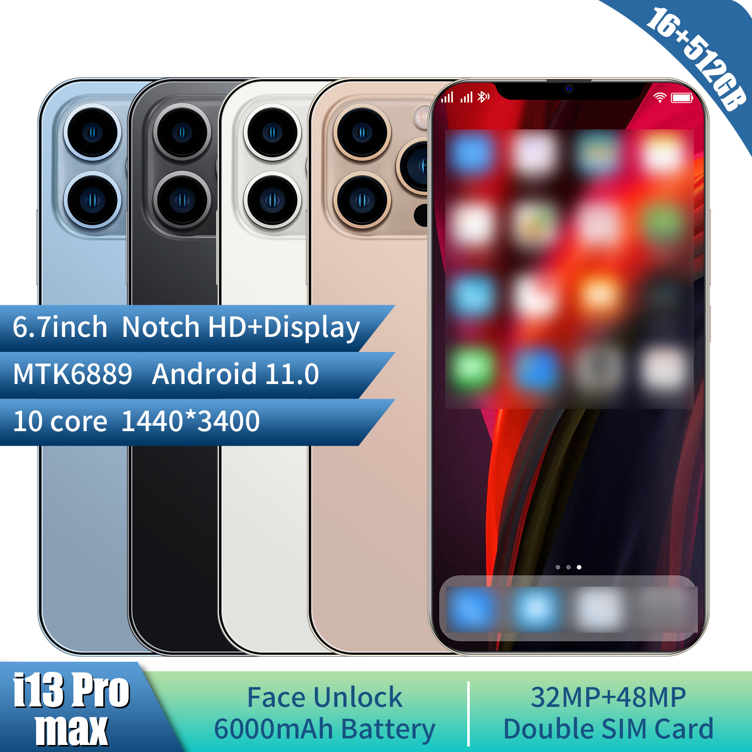 hot Original 6.7 Inch 16g+512GB 5G Phone 13 5g smartphone Unlocked celulares Mobile Phone Dual Sim