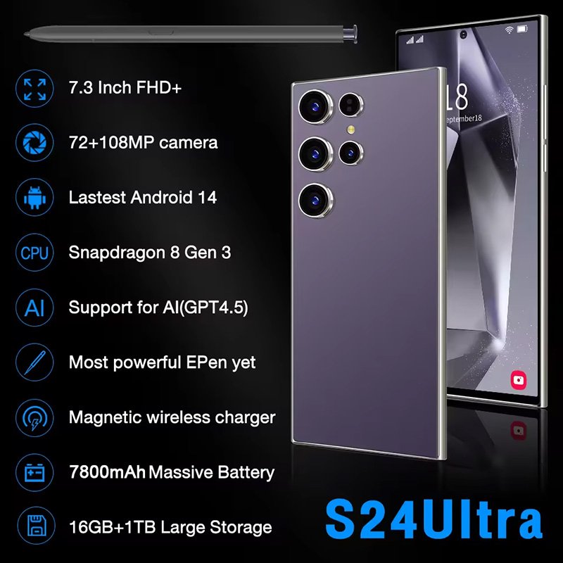 Y Cellphone 0riginal S24 Ultra 16gb+1tb Smartphone 7.3inch Unlocked Dual Card 5g Phones Android 14.0 Mobile Phones 1TB