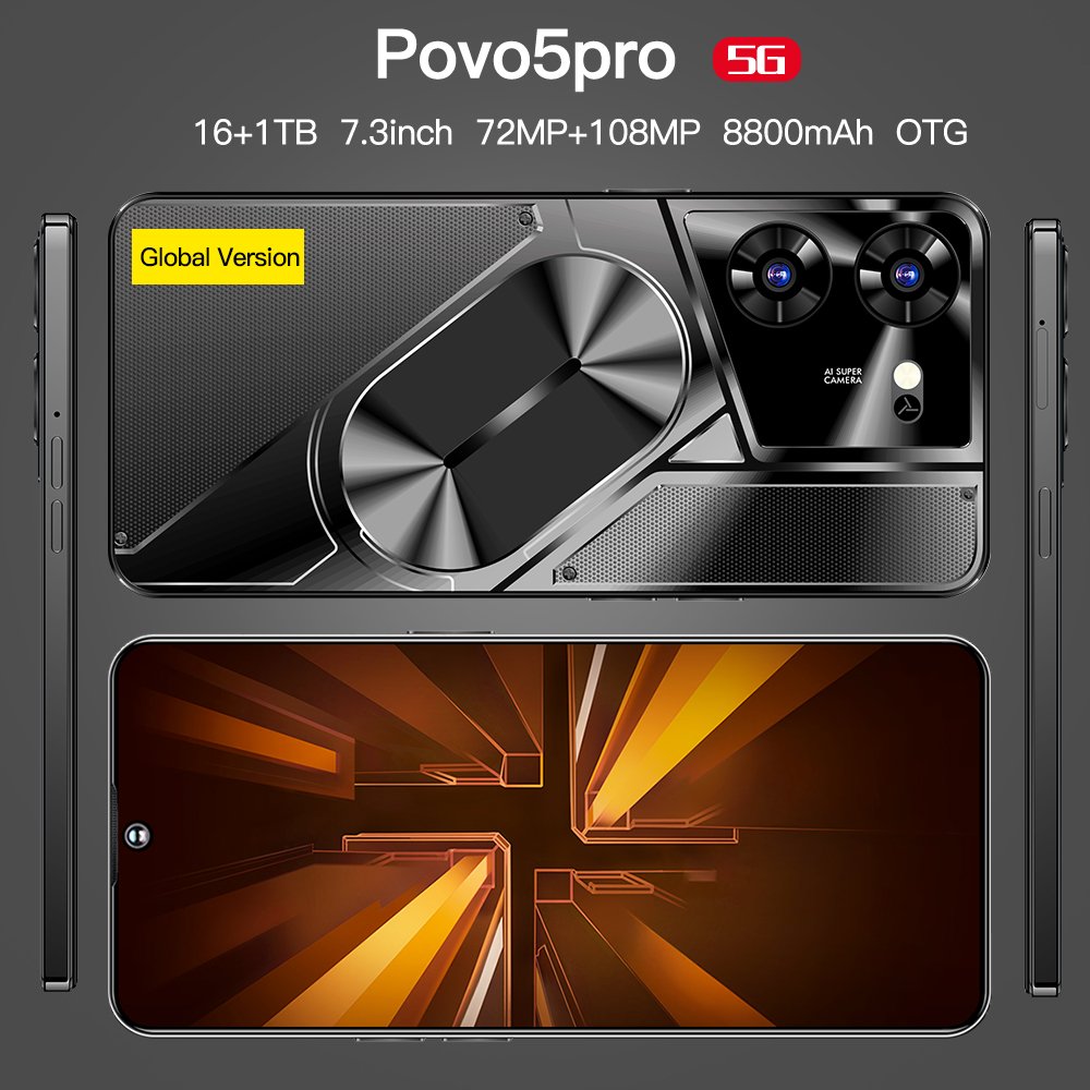 original 5G Smartphone 7.3inch 108mp Povo 5 Pro 16GB+1TB Android 13.0 Mobilephones Fashionable Color 4g 5g cellphone