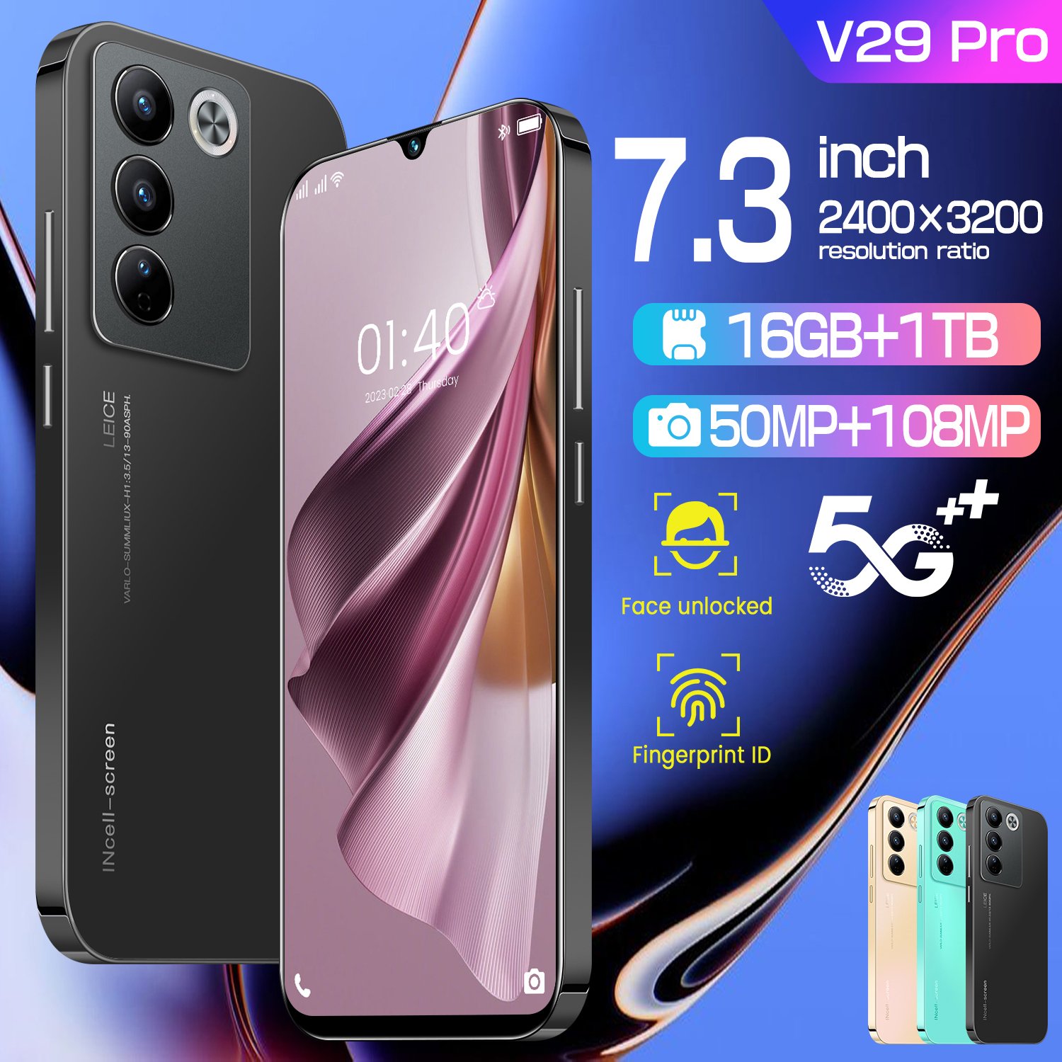 Cheap Mobile Original V29 pro 7.3 Inch Land Line Phones Android 13.0 5g Smartphone 16GB+1TB mobile phone