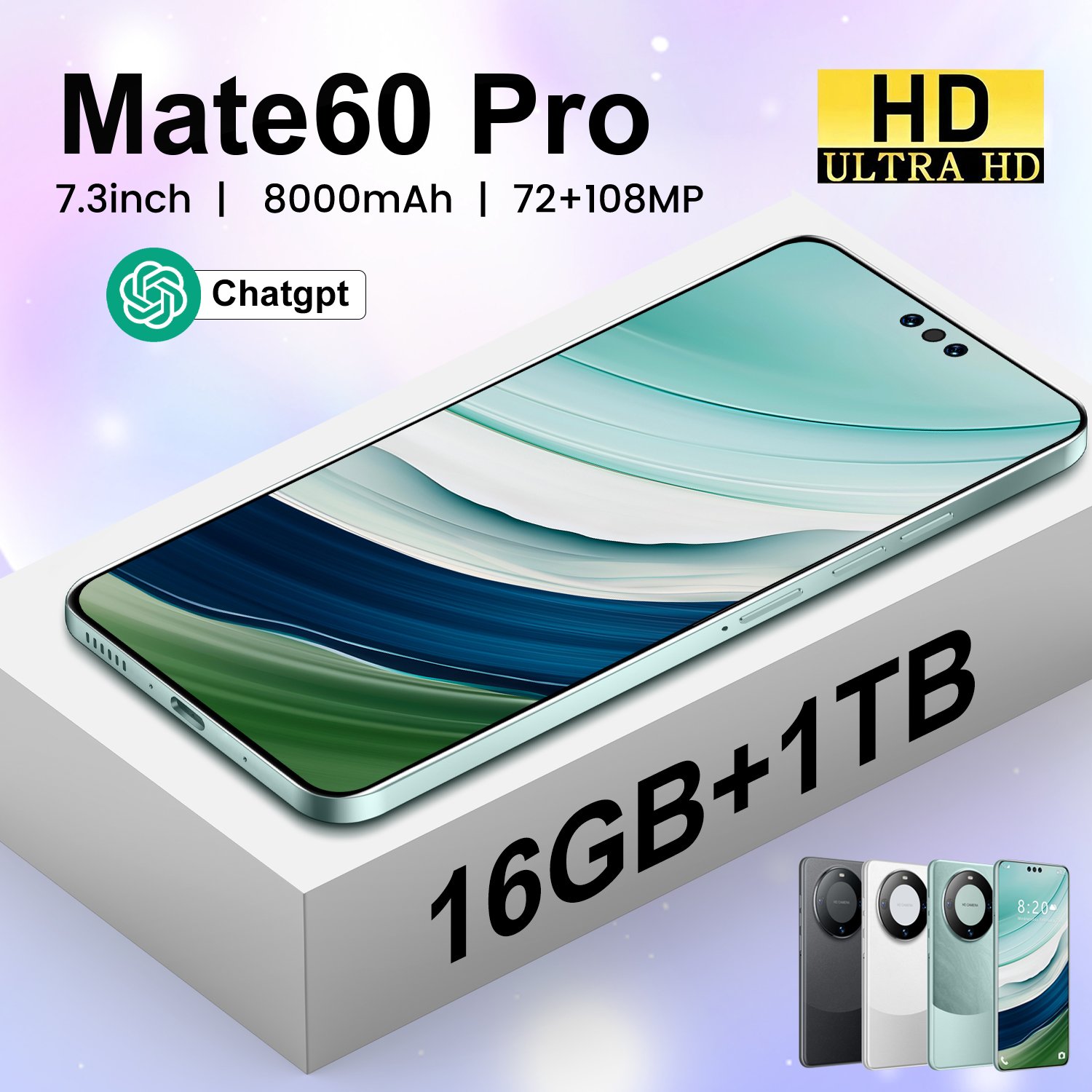 Mate 60 Pro 7.3 Inch Full Screen Global Version Mobile Phone 16gb+1tb Cell Phone Android 10.0 Face Unlock 4g&5g Smartphone
