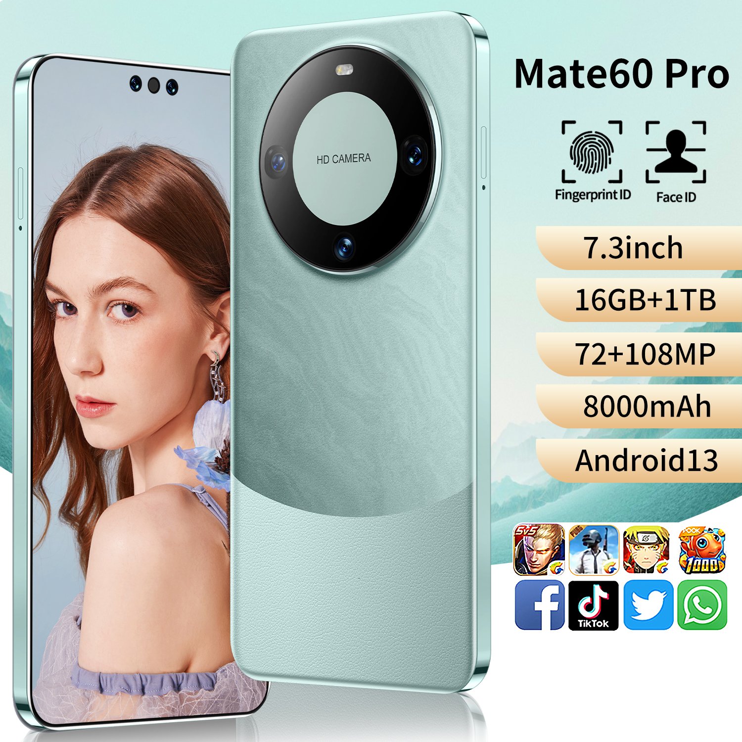 Mate 60 Pro 7.3 Inch Full Screen Global Version Mobile Phone 16gb+1tb Cell Phone Android 10.0 Face Unlock 4g&5g Smartphone