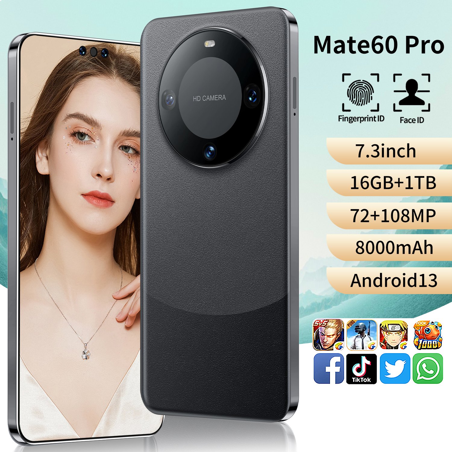 Mate 60 Pro 7.3 Inch Full Screen Global Version Mobile Phone 16gb+1tb Cell Phone Android 10.0 Face Unlock 4g&5g Smartphone