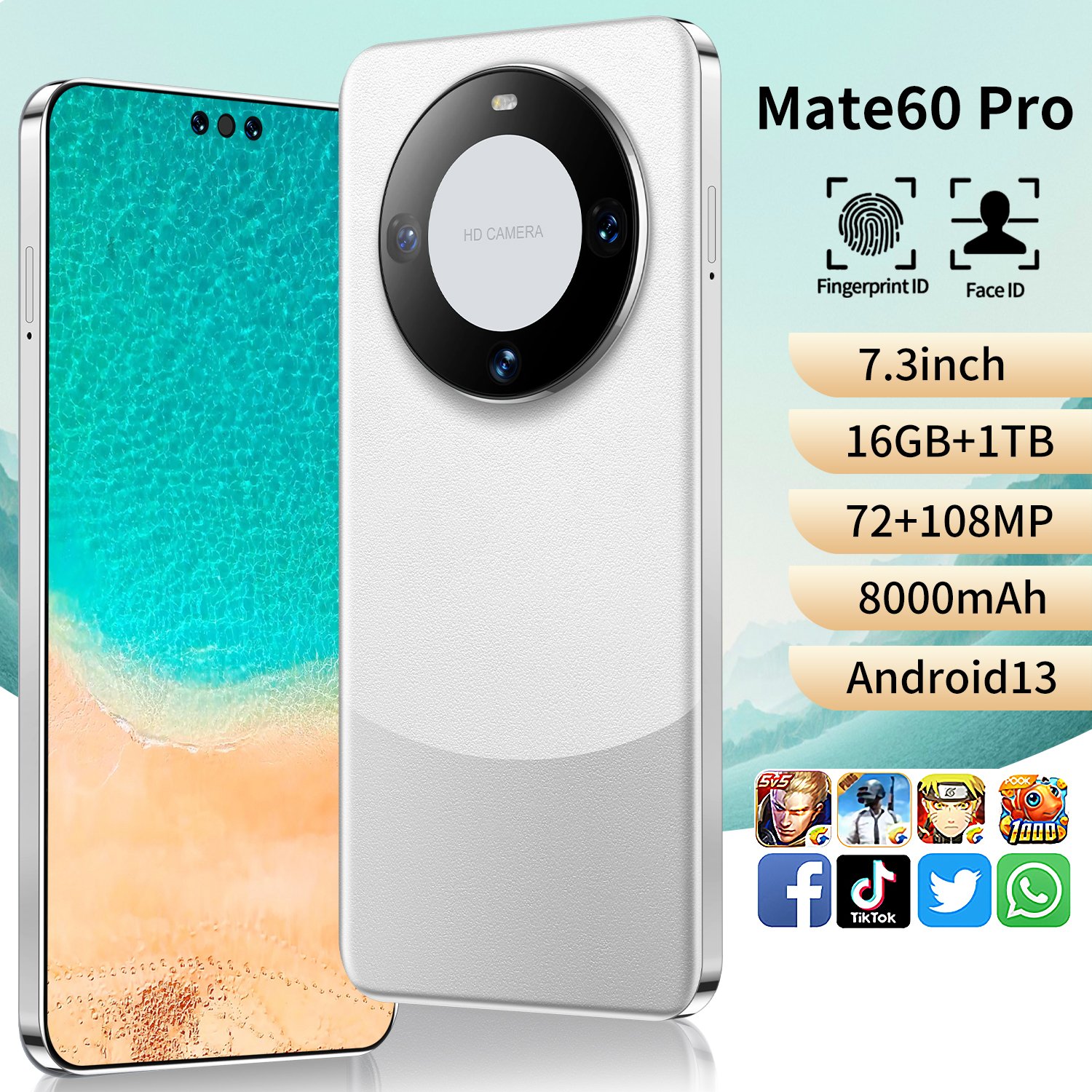 Mate 60 Pro 7.3 Inch Full Screen Global Version Mobile Phone 16gb+1tb Cell Phone Android 10.0 Face Unlock 4g&5g Smartphone