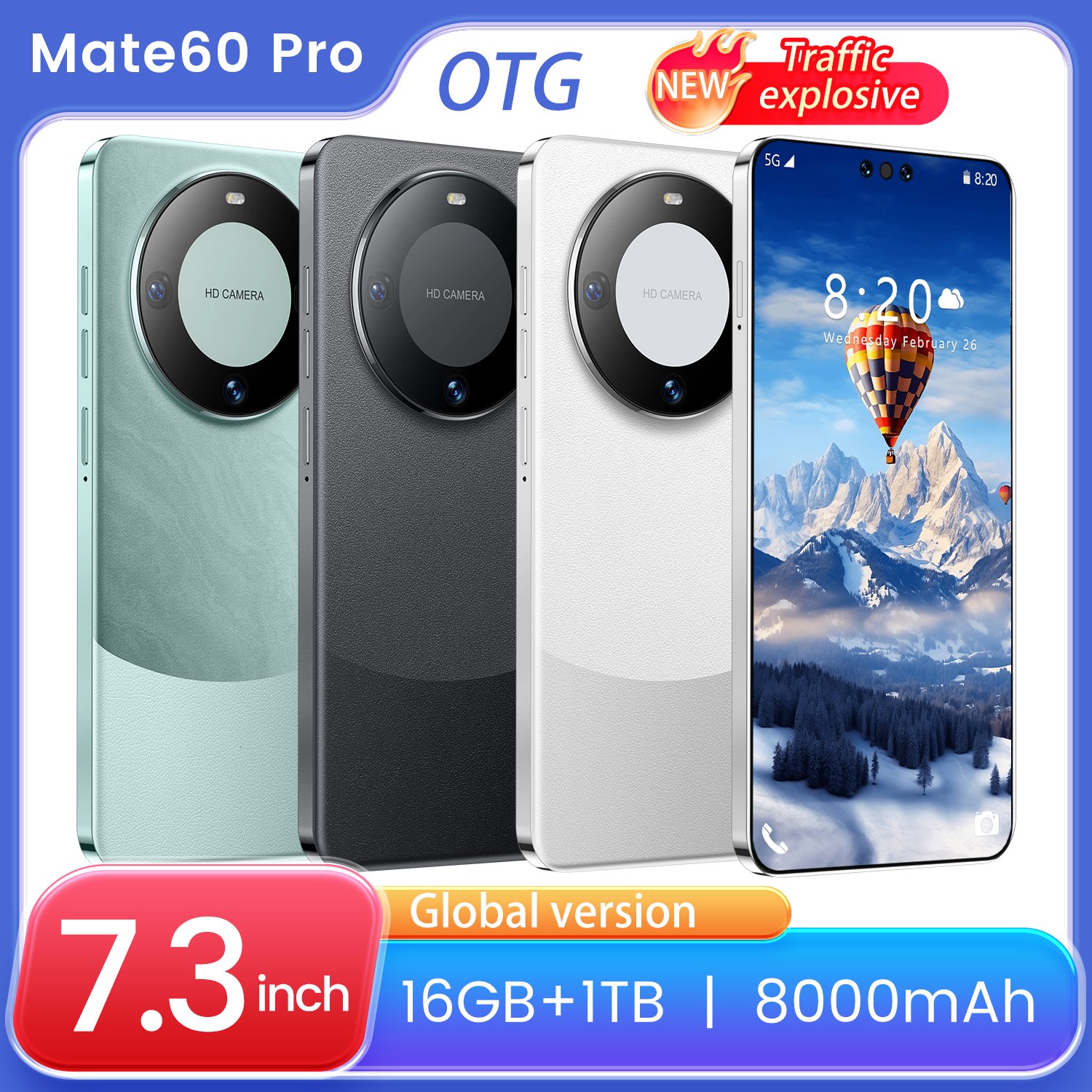 Mate 60 Pro 7.3 Inch Full Screen Global Version Mobile Phone 16gb+1tb Cell Phone Android 10.0 Face Unlock 4g&5g Smartphone