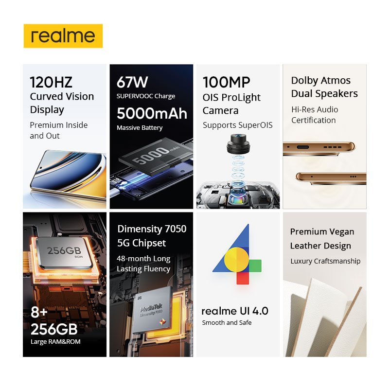 realme 11 Pro MTK Dimensity 7050 6.7" 120Hz Curved Vision 100MP OIS Pro Light Camera 67W SuperDart Charge 5G Smartphone