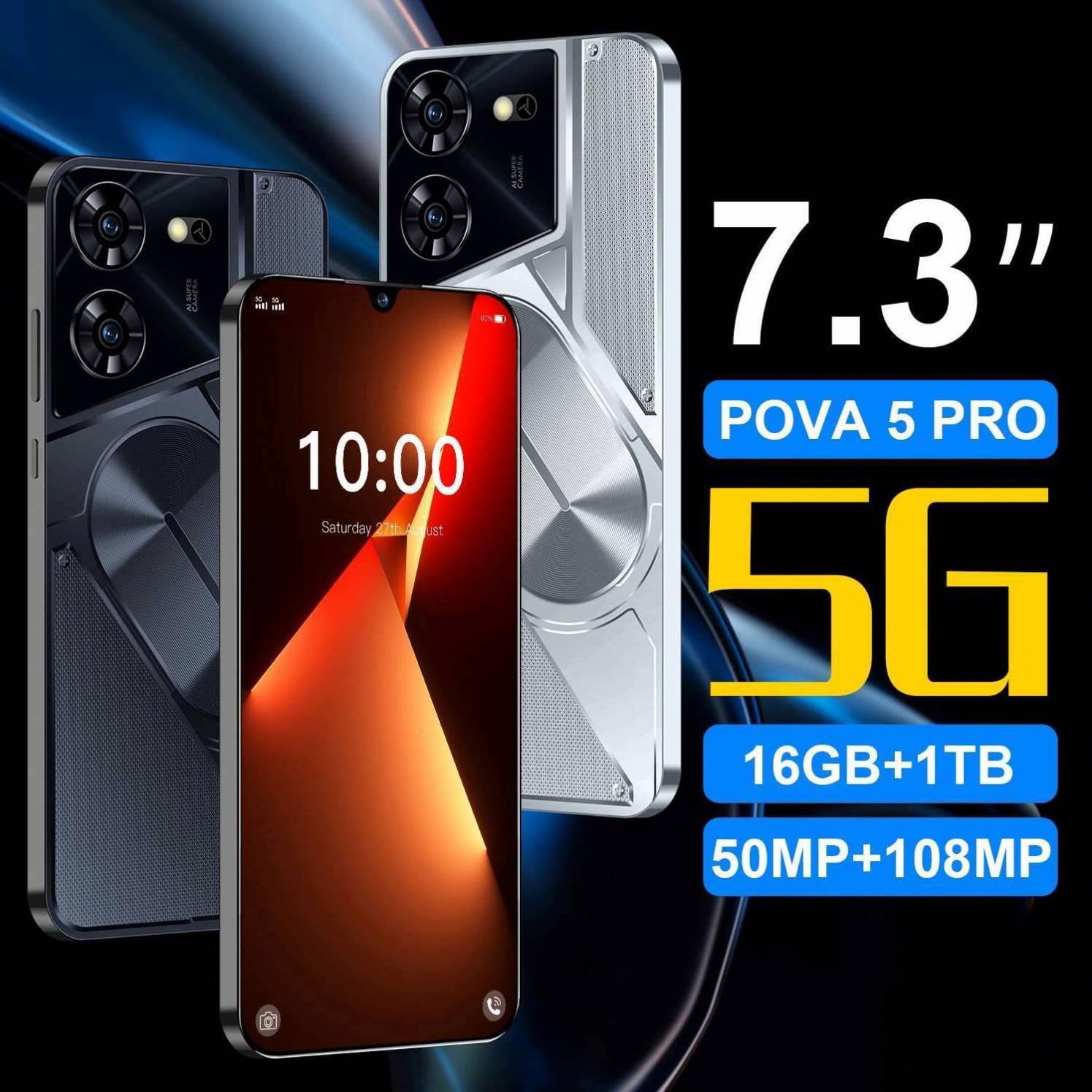 Cheap phones Original Pova 5 Pro 7.3 Inch 5G Smartphone 16GB+1TB Mobile Phone 6800 mAh Android 13.0 Phone