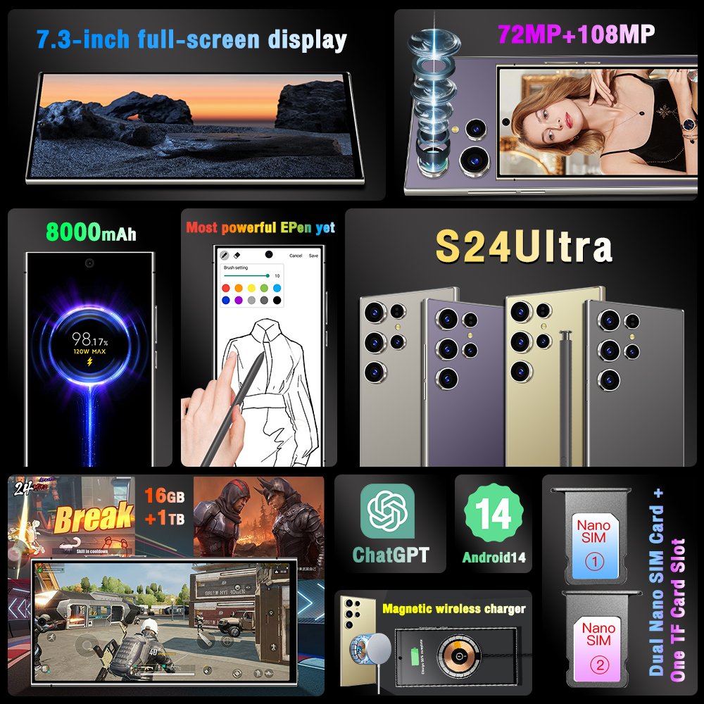 2024 new ultra-high speed S24 Ultra 16GB+1TB 5G smart phone 7.2-inch 48MP+100MP Snapdragon 8+2 Android 14 game phone