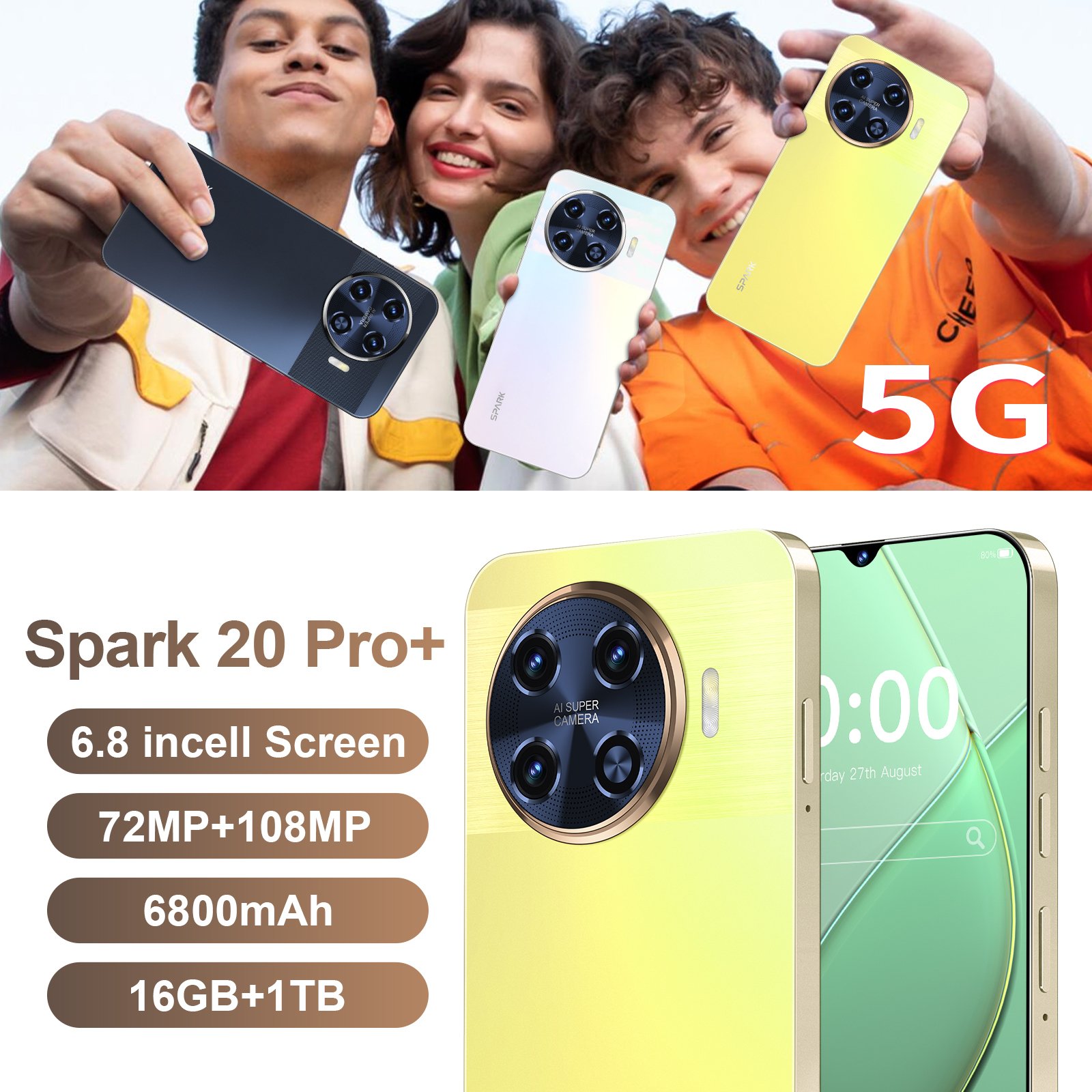 Spark20 Pro Smartphones 16GB+1TB spark20 pro 5G LET Cellphone Large battery unlocked Dual SIM Android phone
