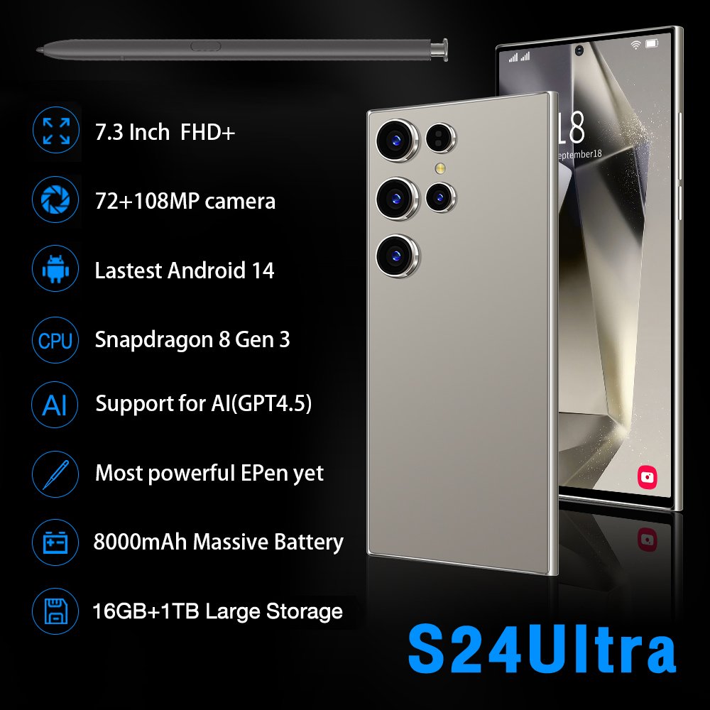 Hot Selling S24 ULTRA original 7.3 inch 16GB+1TB 72MP+108MP Big Screen cellphone Smartphone 5G gaming Mobile Cell Phone