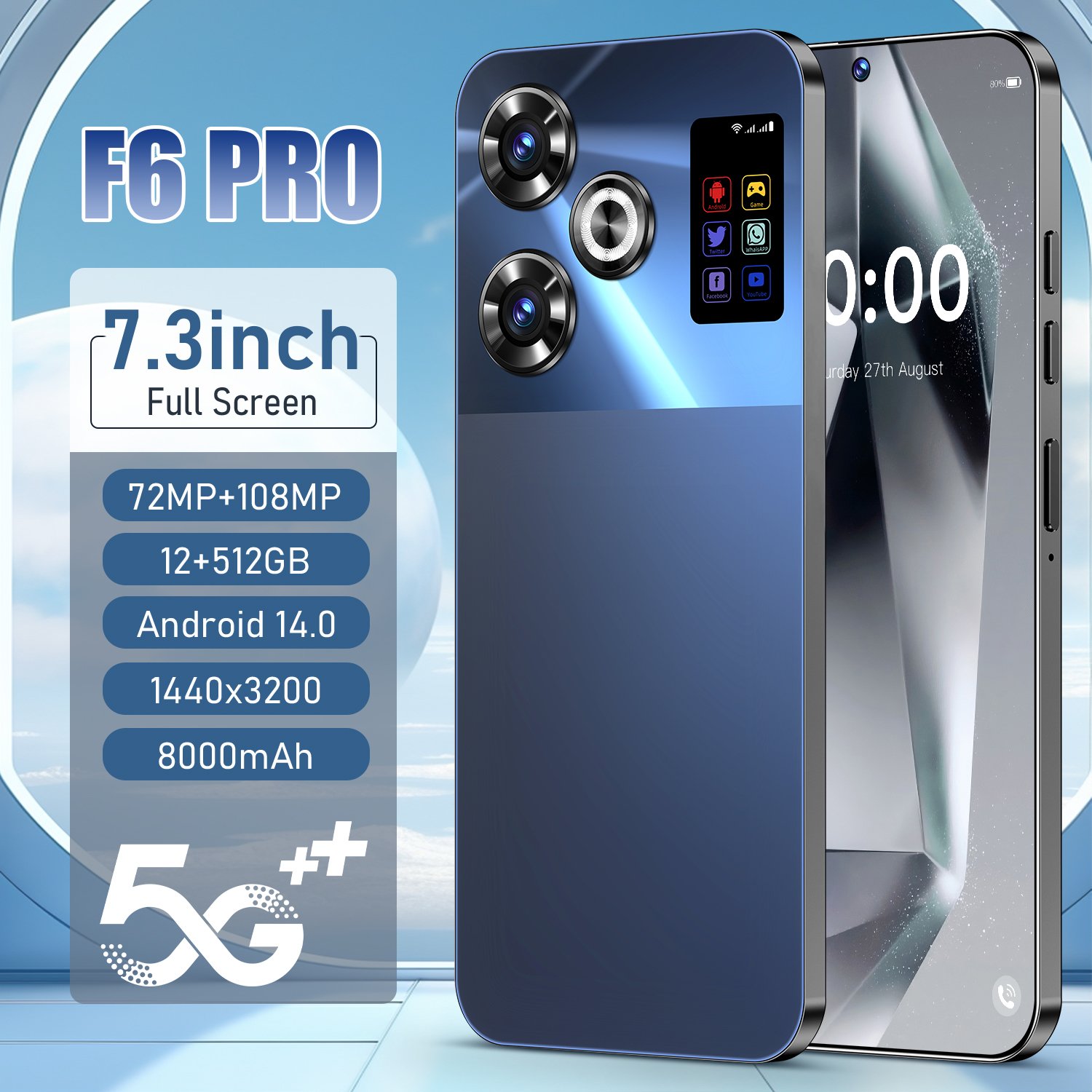 Mobilephone f6 pro 7.3 Inch 16GB+1TB 5G face ID Global version mobile phone Android 14 5G smartphones