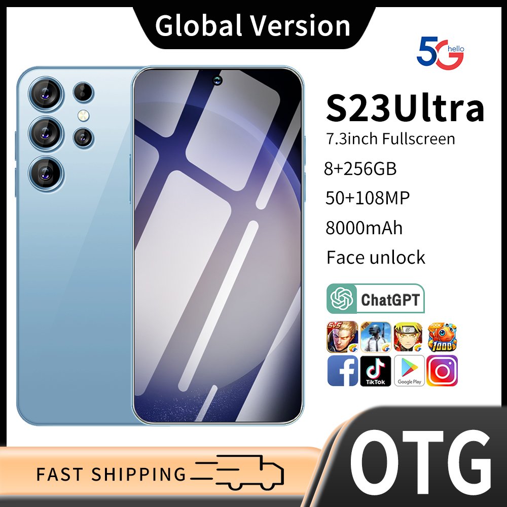 2023 New Original Phone S23 Ultra Android 13 45w 8000mAh Battery 8G+256GB Dual SIM Card Global Face Recognition 5G Smartphone